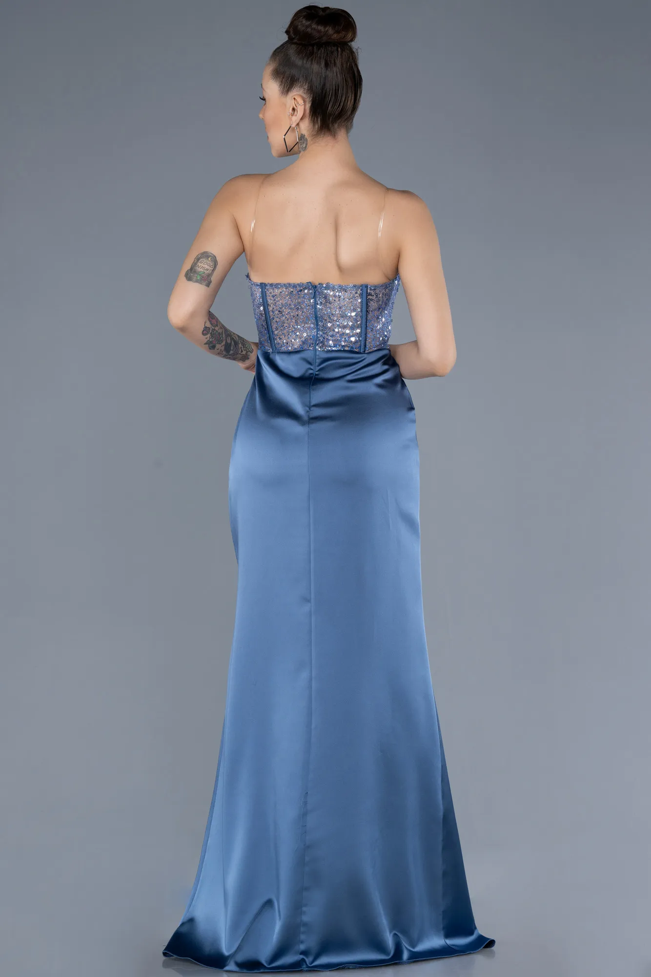 Indigo-Long Satin Evening Dress ABU4568