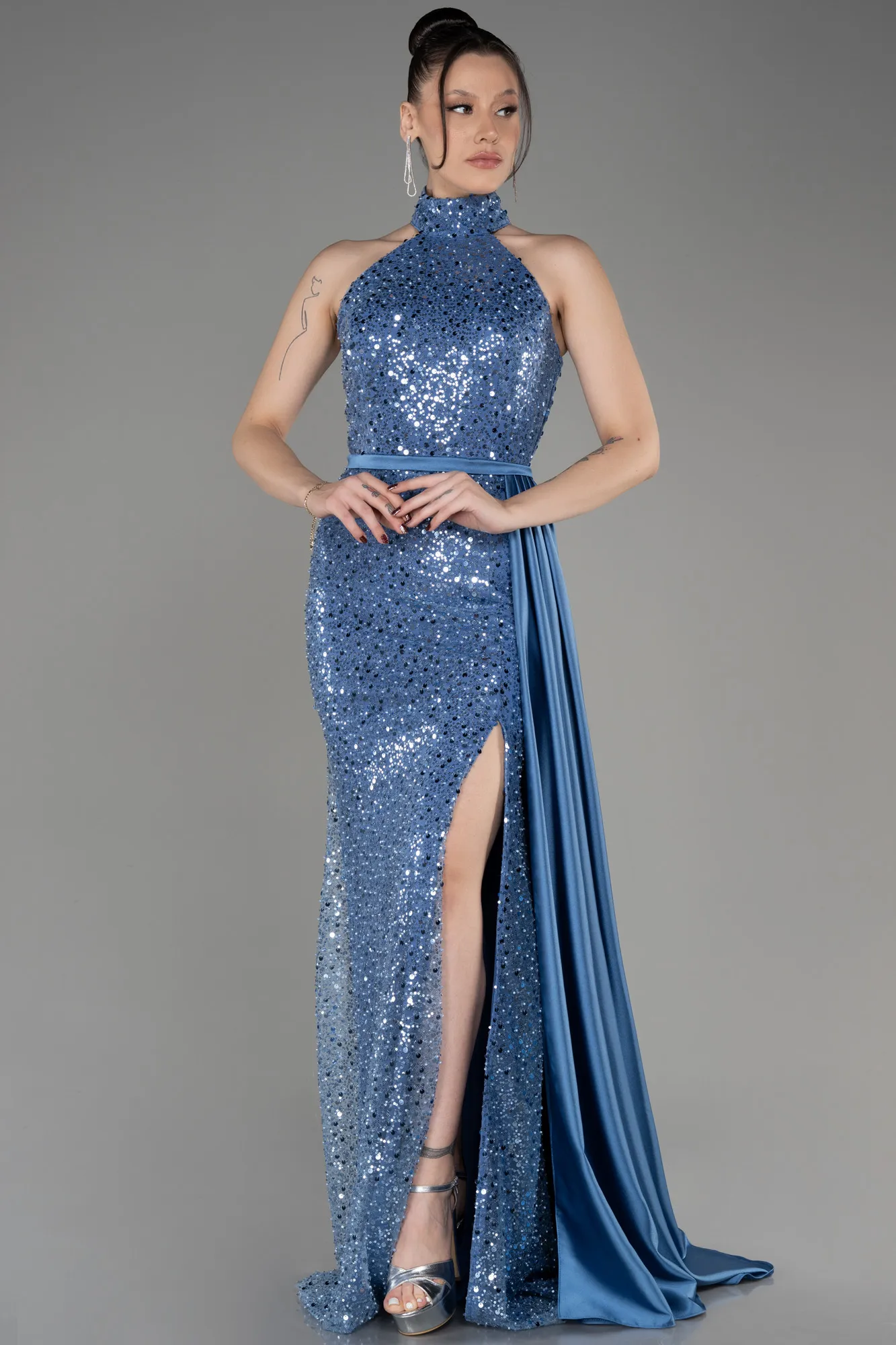 Indigo-Long Scaly Evening Dress ABU3888