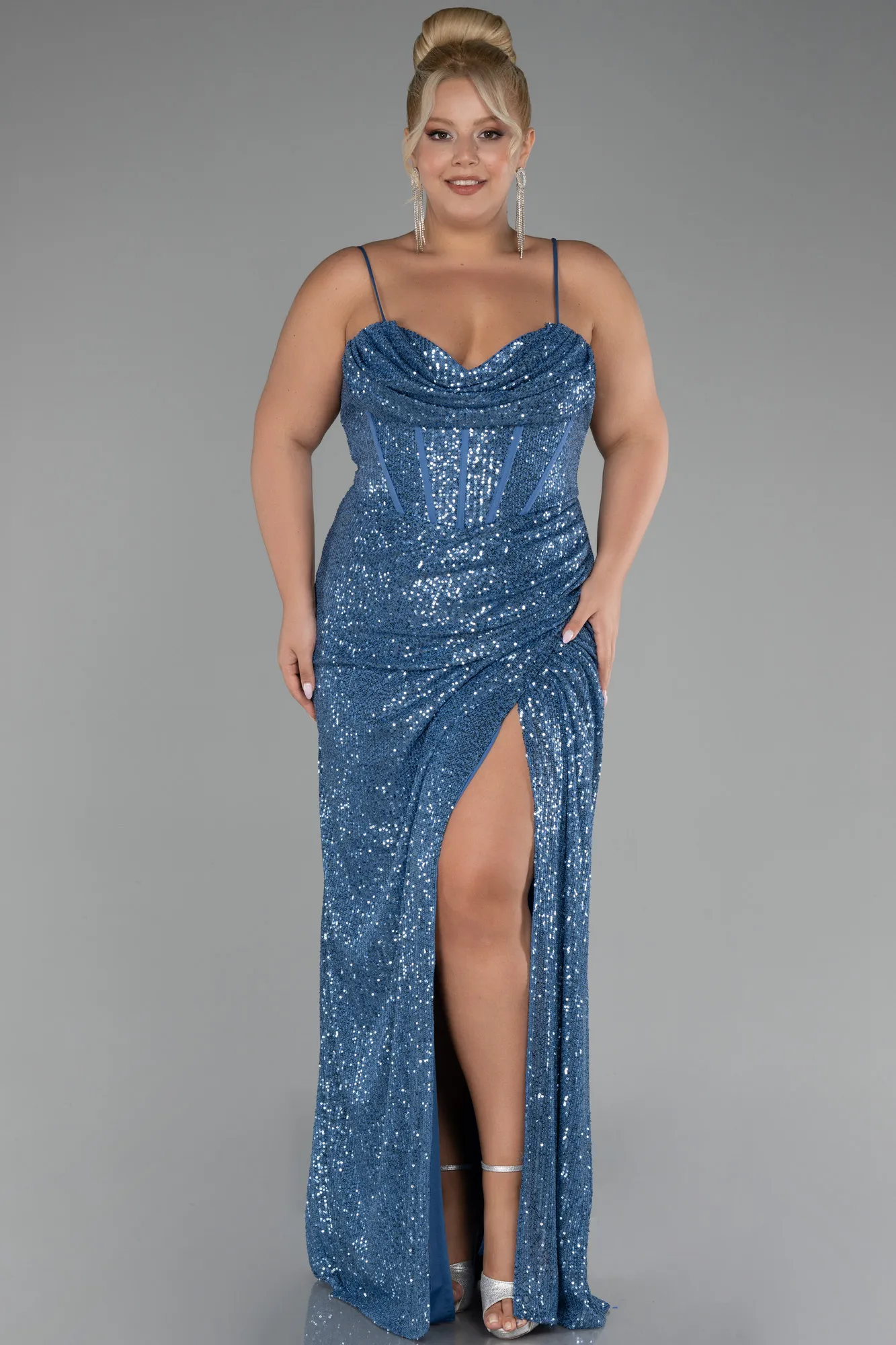 Indigo-Long Scaly Plus Size Evening Dress ABU3322