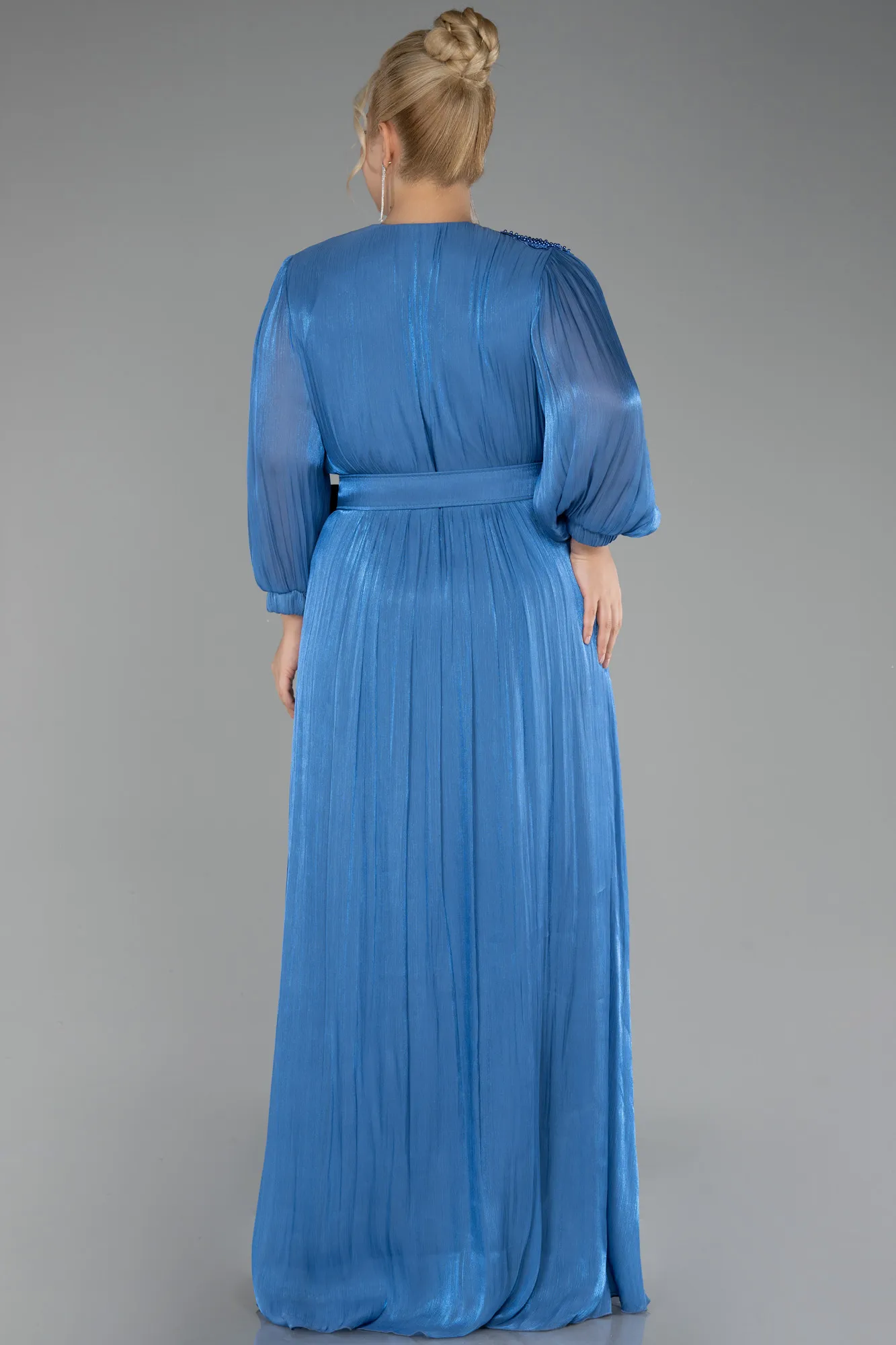 Indigo-Long Sleeve Belted Chiffon Plus Size Evening Dress ABU3871