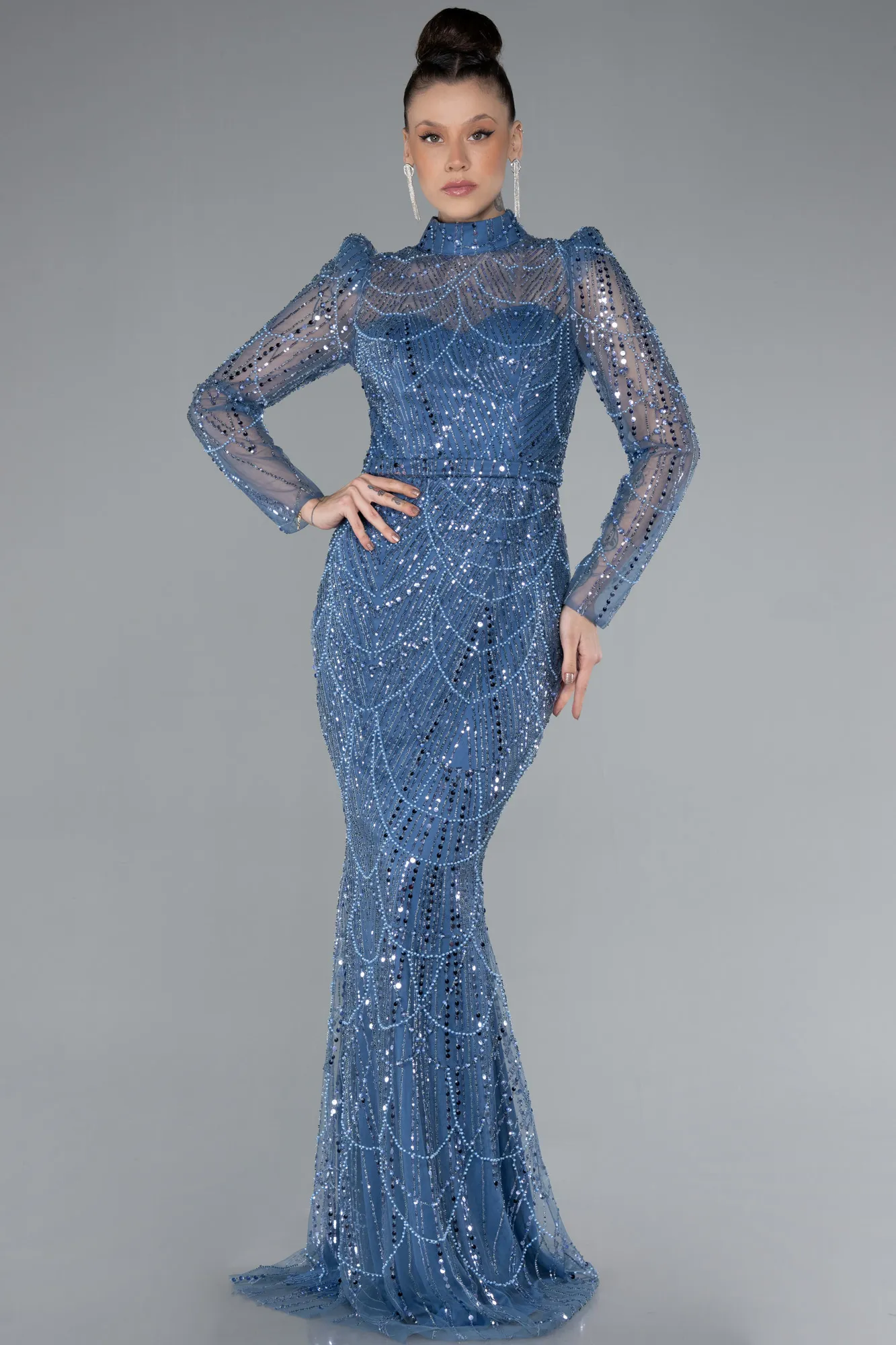 Indigo-Long Sleeve High Collar Stoned Evening Gown ABU4526