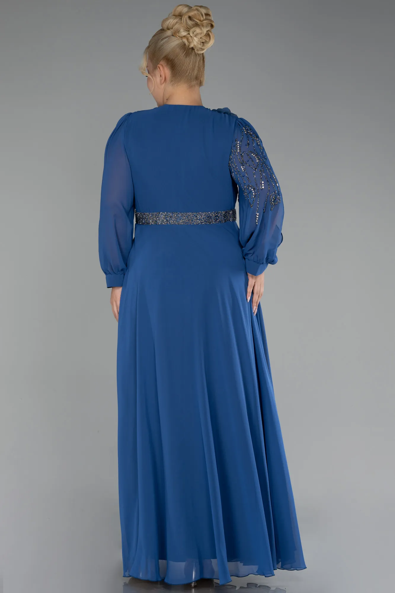 Indigo-Long Sleeve Stone Chiffon Plus Size Evening Dress ABU3917