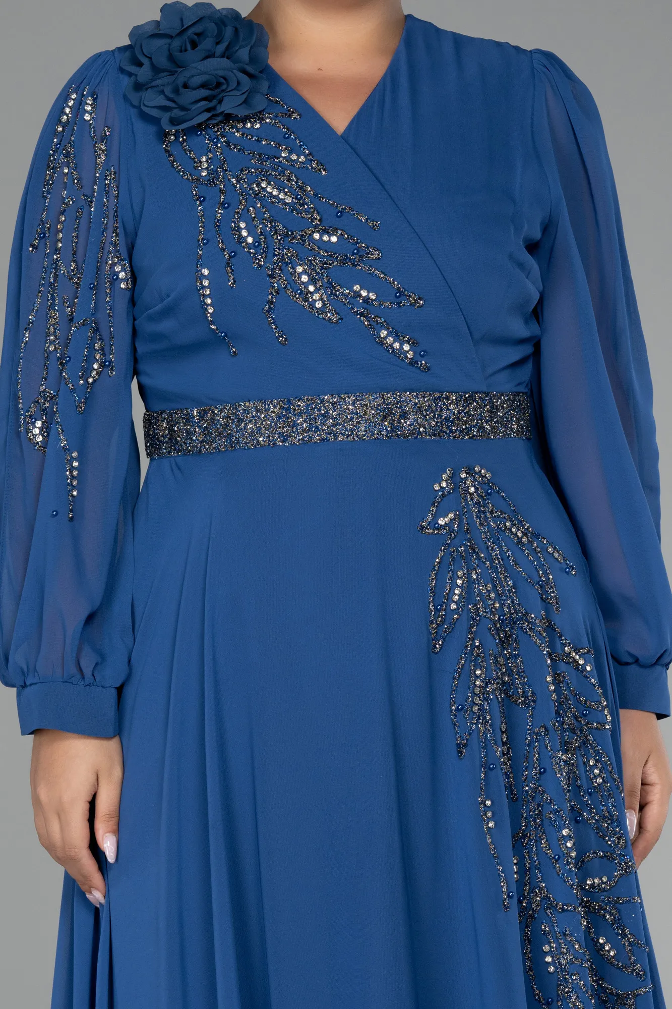 Indigo-Long Sleeve Stone Chiffon Plus Size Evening Dress ABU3917