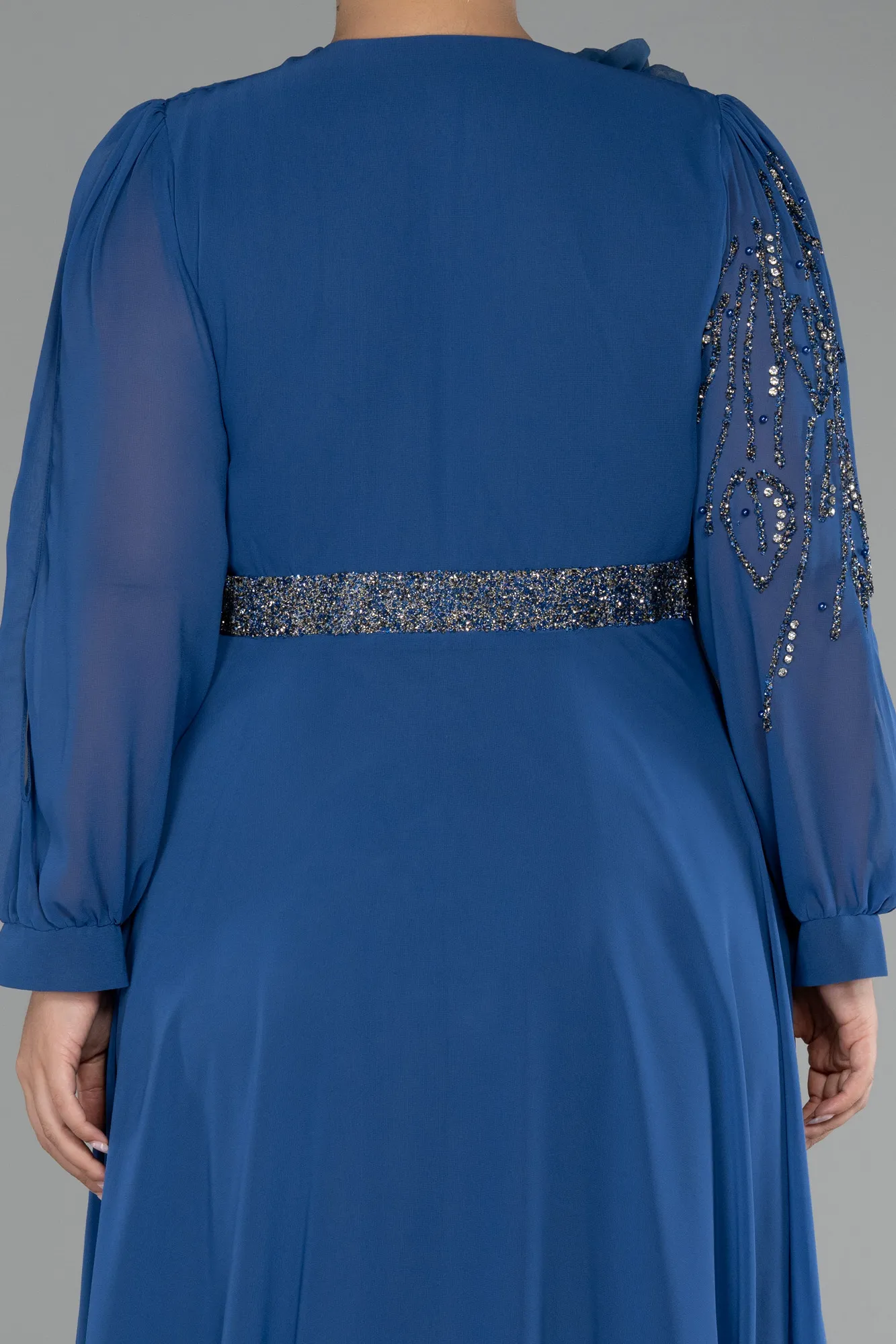 Indigo-Long Sleeve Stone Chiffon Plus Size Evening Dress ABU3917