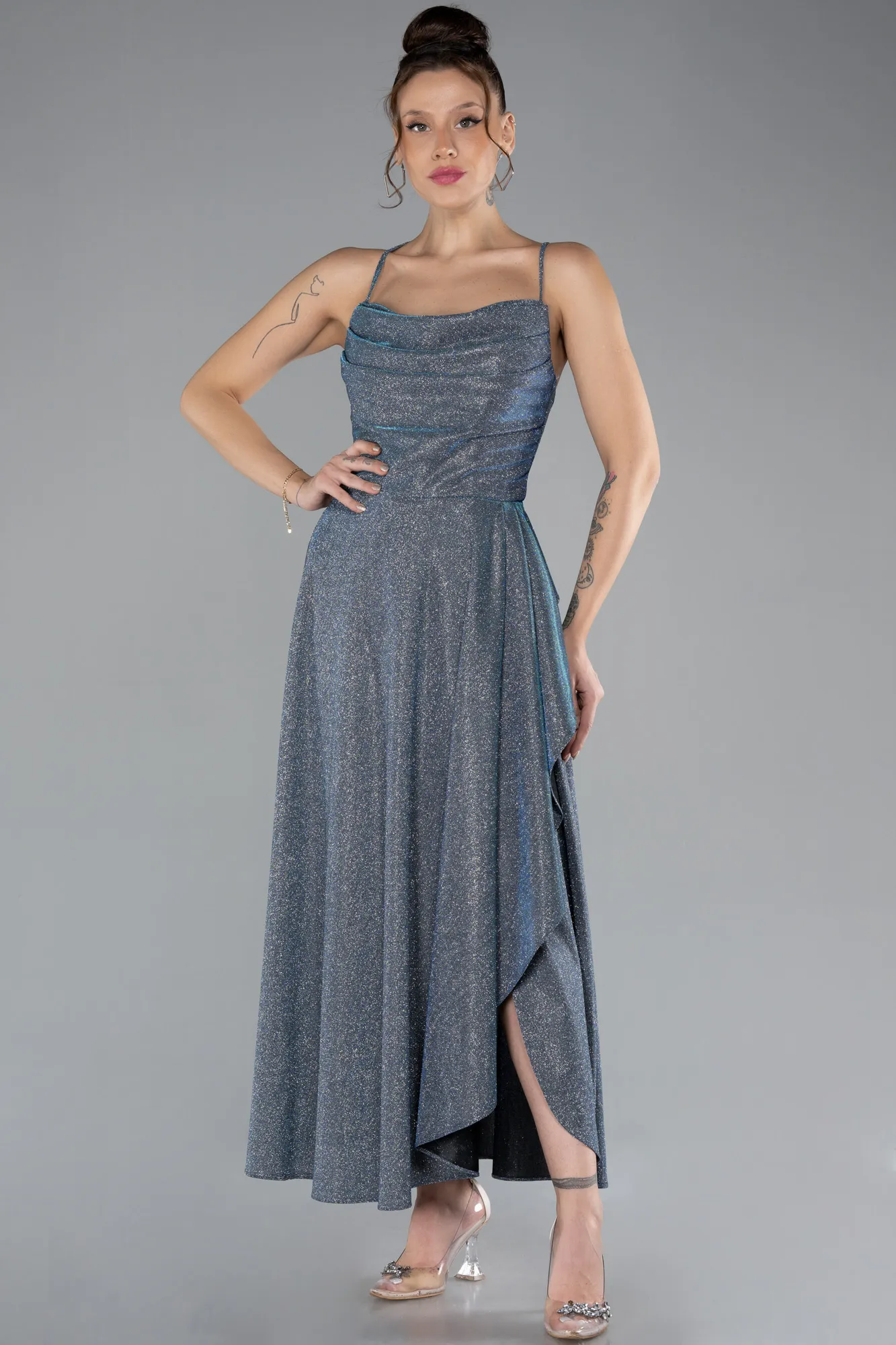 Indigo-Low Cut Midi Glittery Cocktail Dress ABK2170