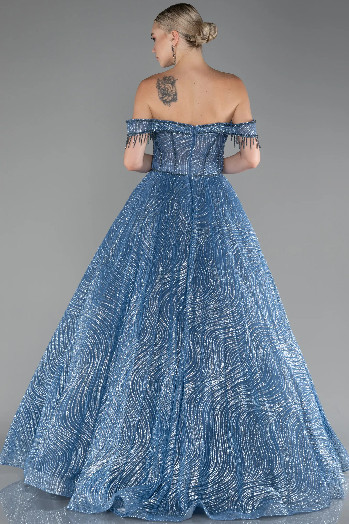 Indigo-Off The Shoulder Long Silvery Ball Gown ABU4010