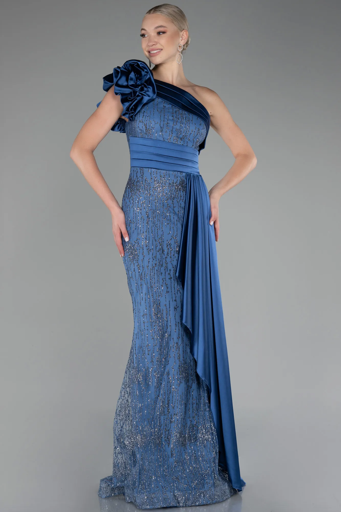 Indigo-One Shoulder Glitter Long Evening Gown ABU4059