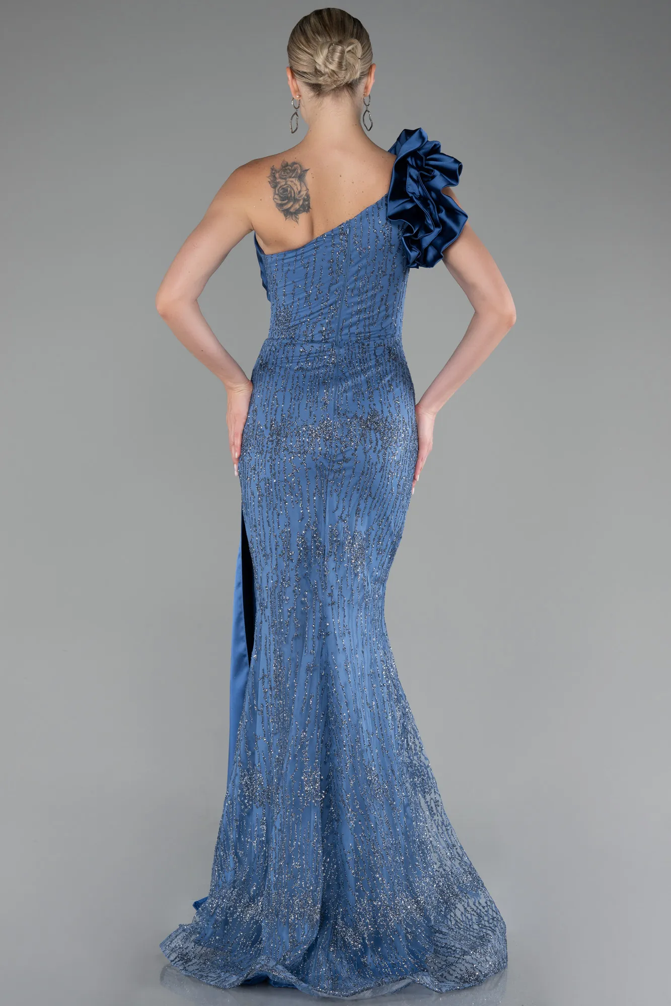 Indigo-One Shoulder Glitter Long Evening Gown ABU4059