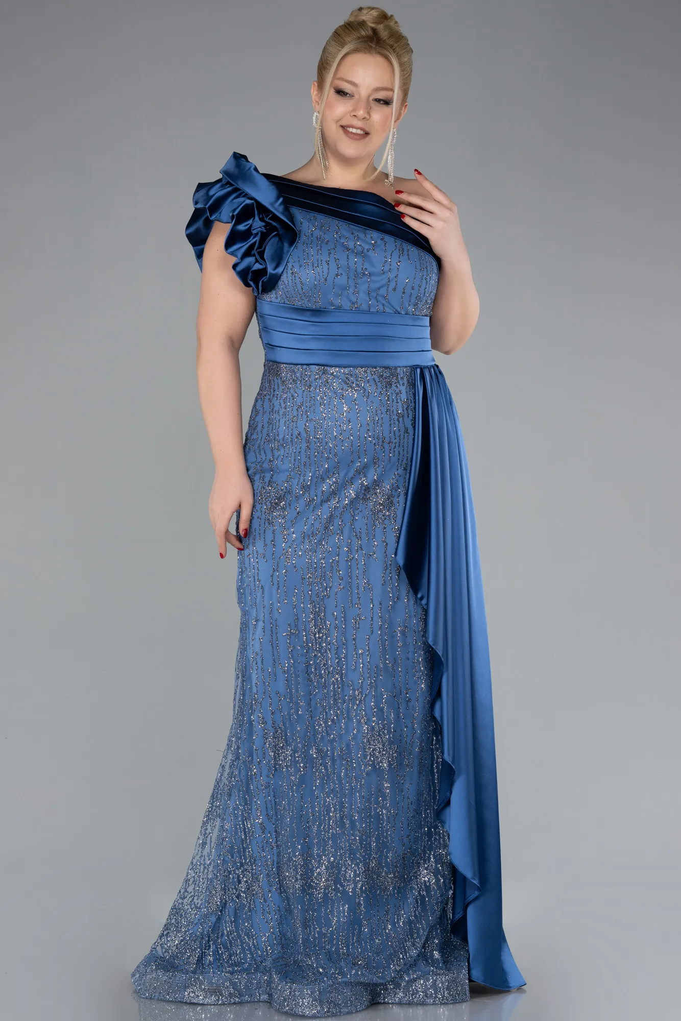 Indigo-One Shoulder Glitter Long Plus Size Evening Gown ABU4060