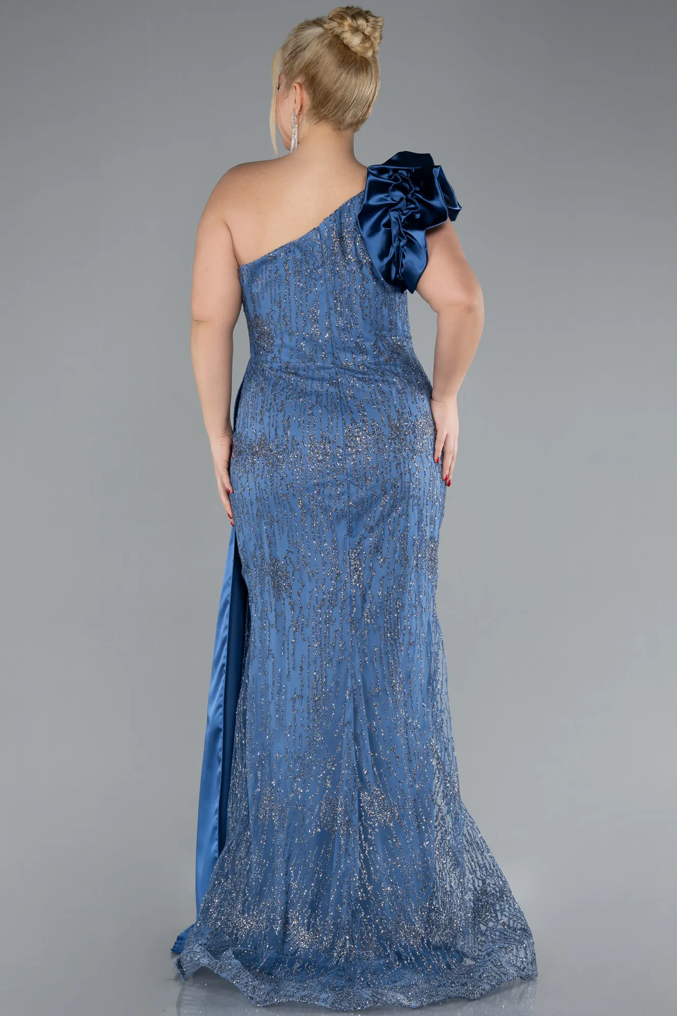 Indigo-One Shoulder Glitter Long Plus Size Evening Gown ABU4060