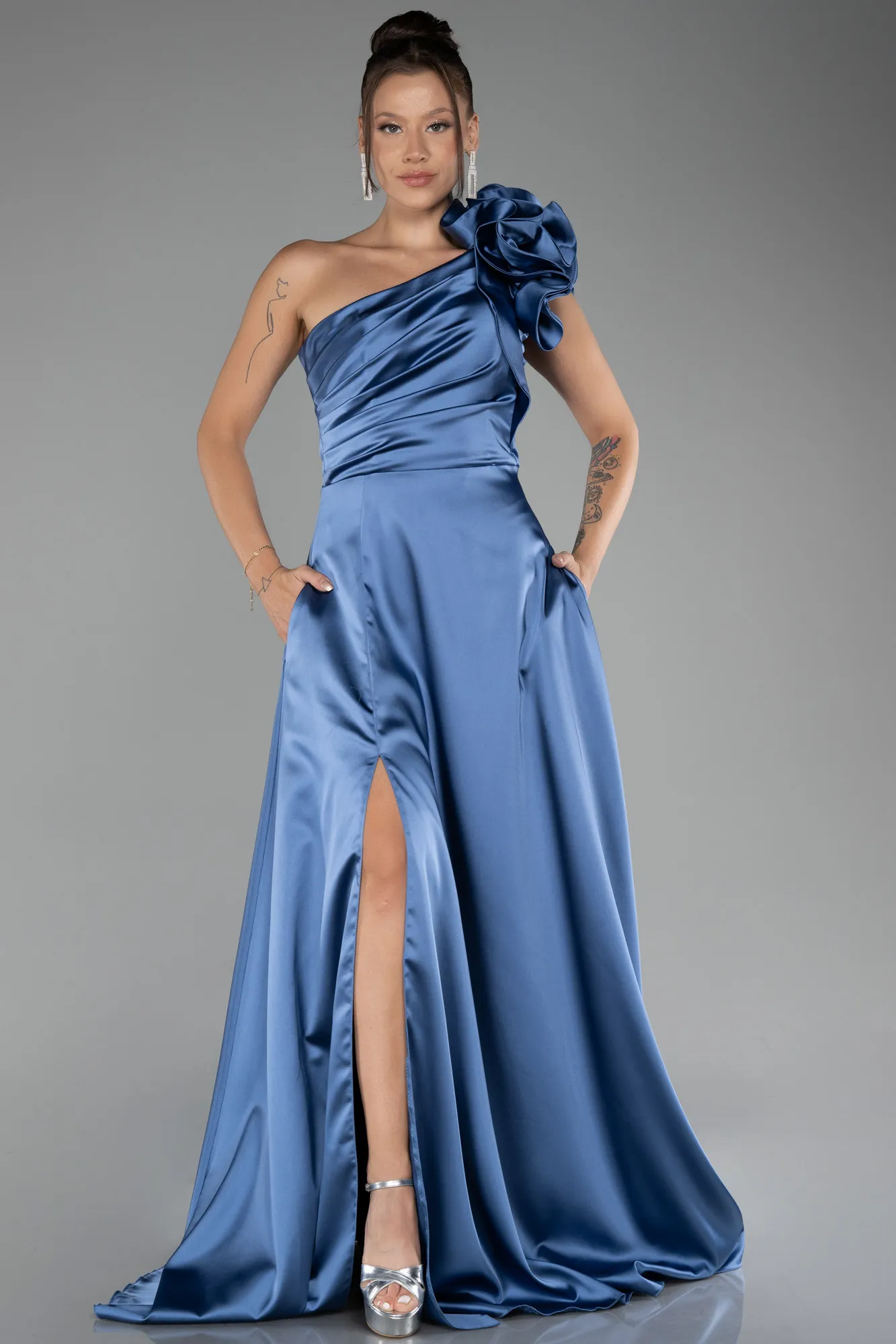 Indigo-One Shoulder Slit Long Satin Evening Dress ABU4092