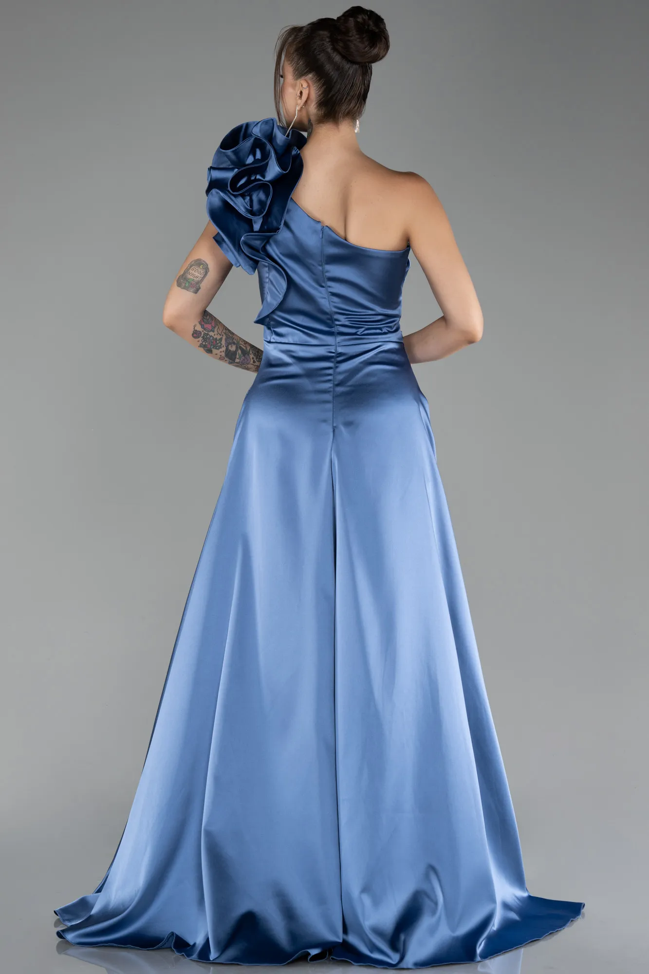 Indigo-One Shoulder Slit Long Satin Evening Dress ABU4092