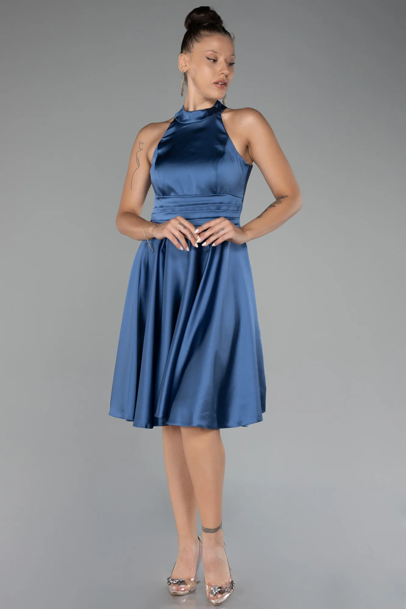 Indigo-Short Satin Party Dress ABK2112