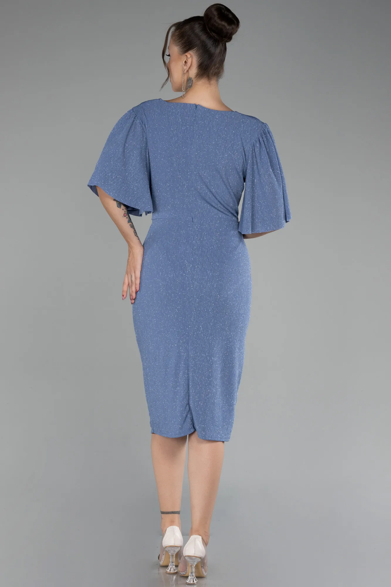 Indigo-Short Sleeve Glitter Midi Plus Size Cocktail Dress ABK2115