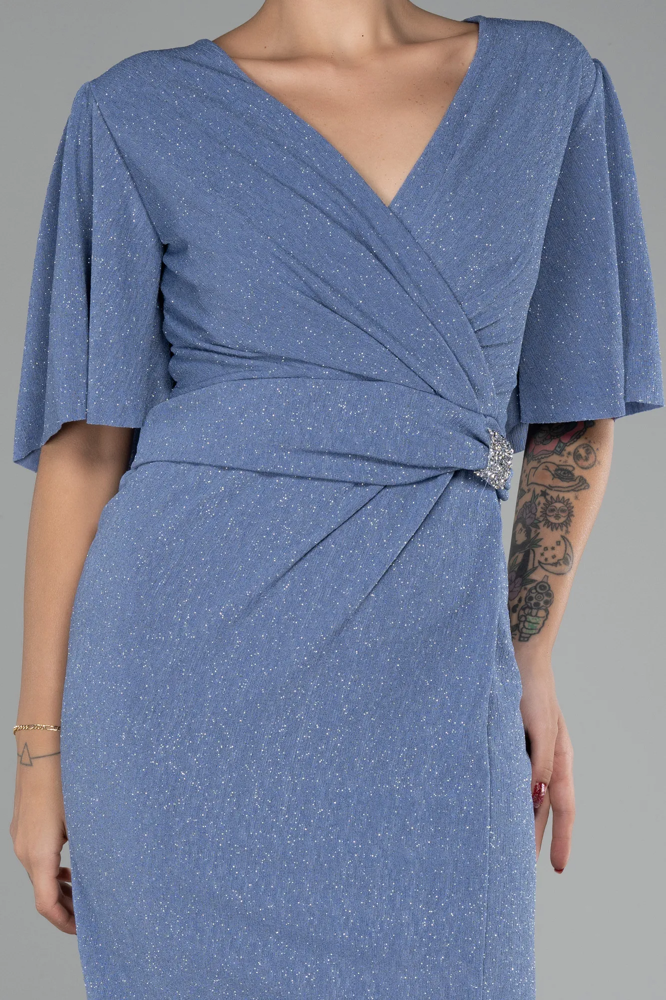 Indigo-Short Sleeve Glitter Midi Plus Size Cocktail Dress ABK2115