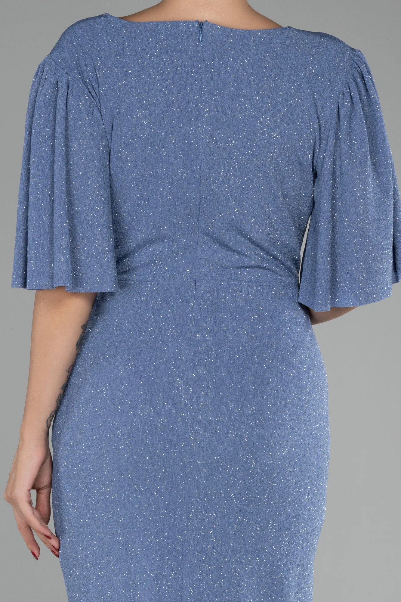 Indigo-Short Sleeve Glitter Midi Plus Size Cocktail Dress ABK2115