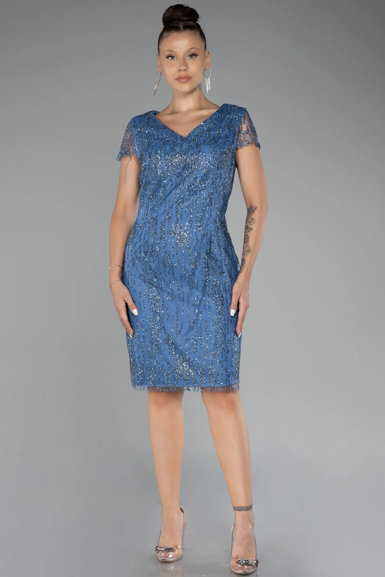 Indigo-Short Sleeve Glittery Plus Size Invitation Dress ABK2050