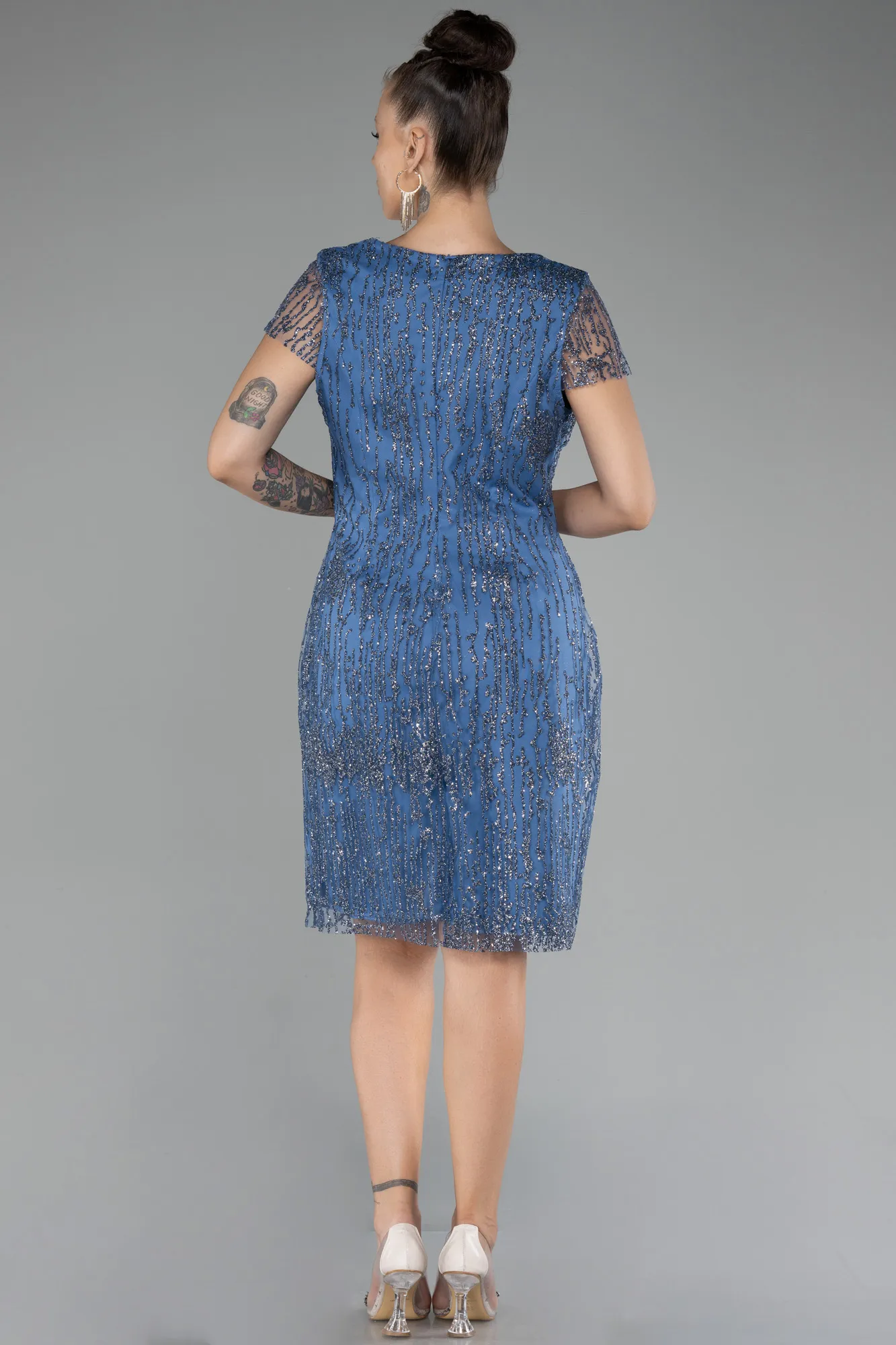 Indigo-Short Sleeve Glittery Plus Size Invitation Dress ABK2050