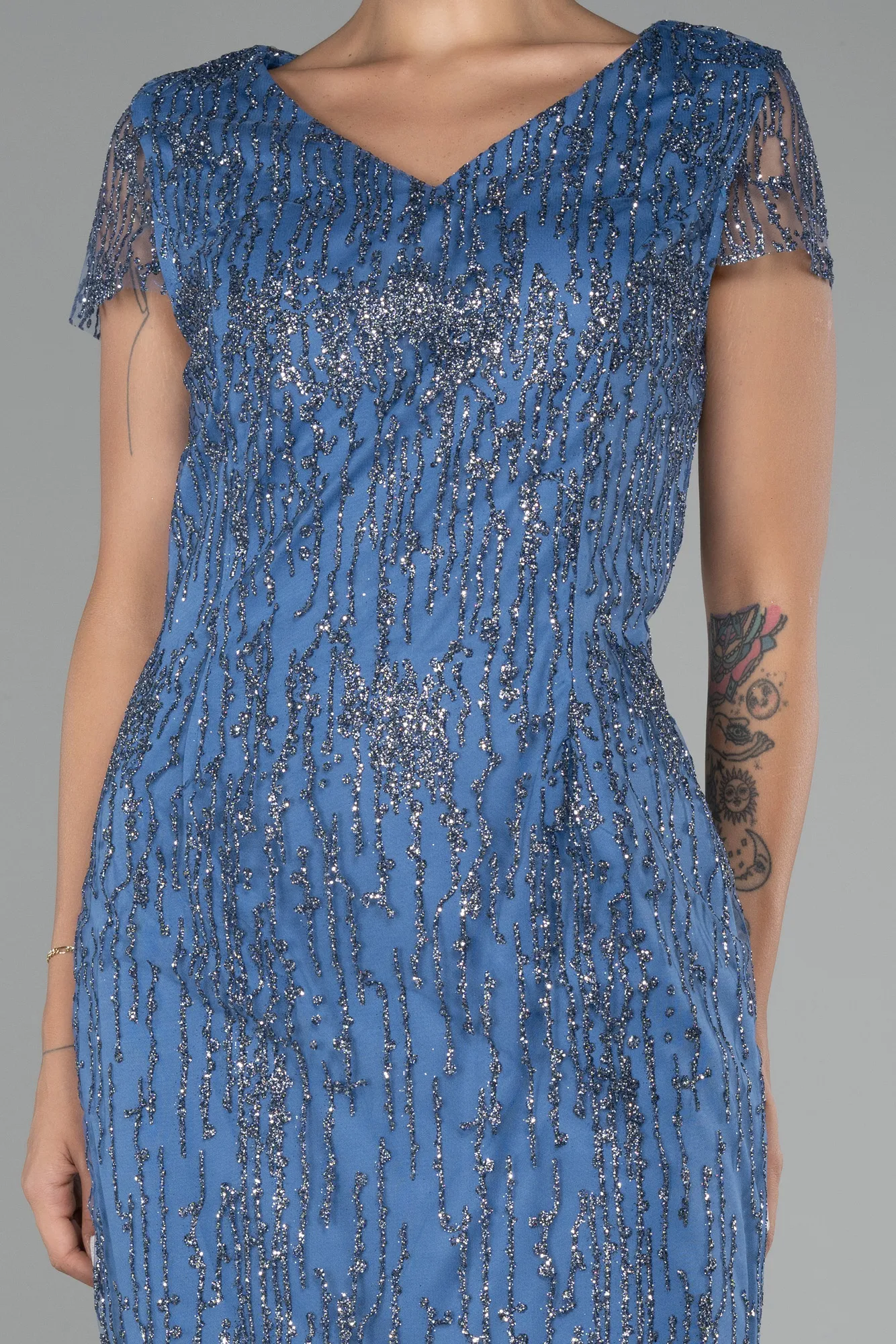 Indigo-Short Sleeve Glittery Plus Size Invitation Dress ABK2050