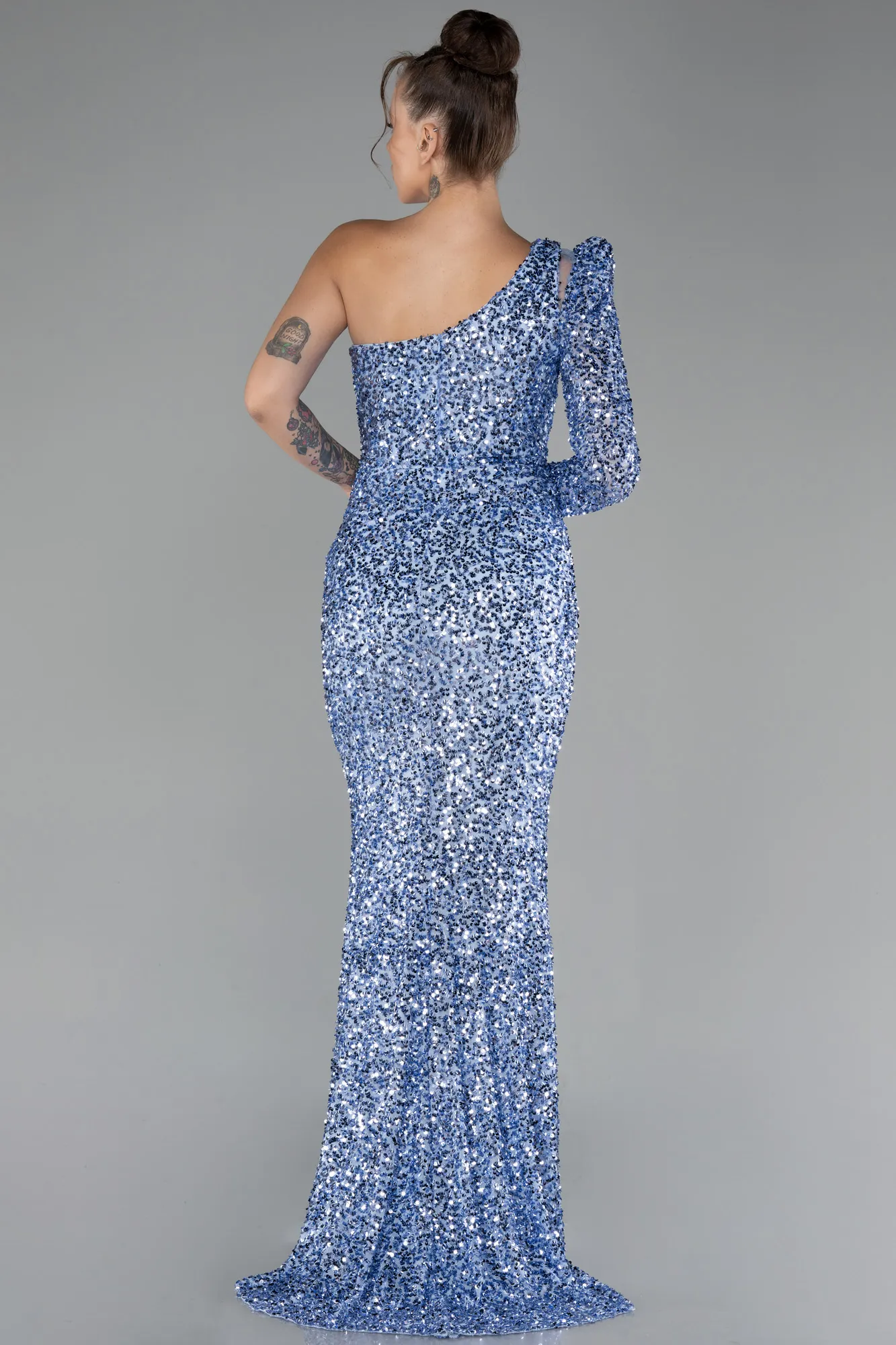 Indigo-Single Sleeve Slit Long Sequined Evening Gown ABU4302