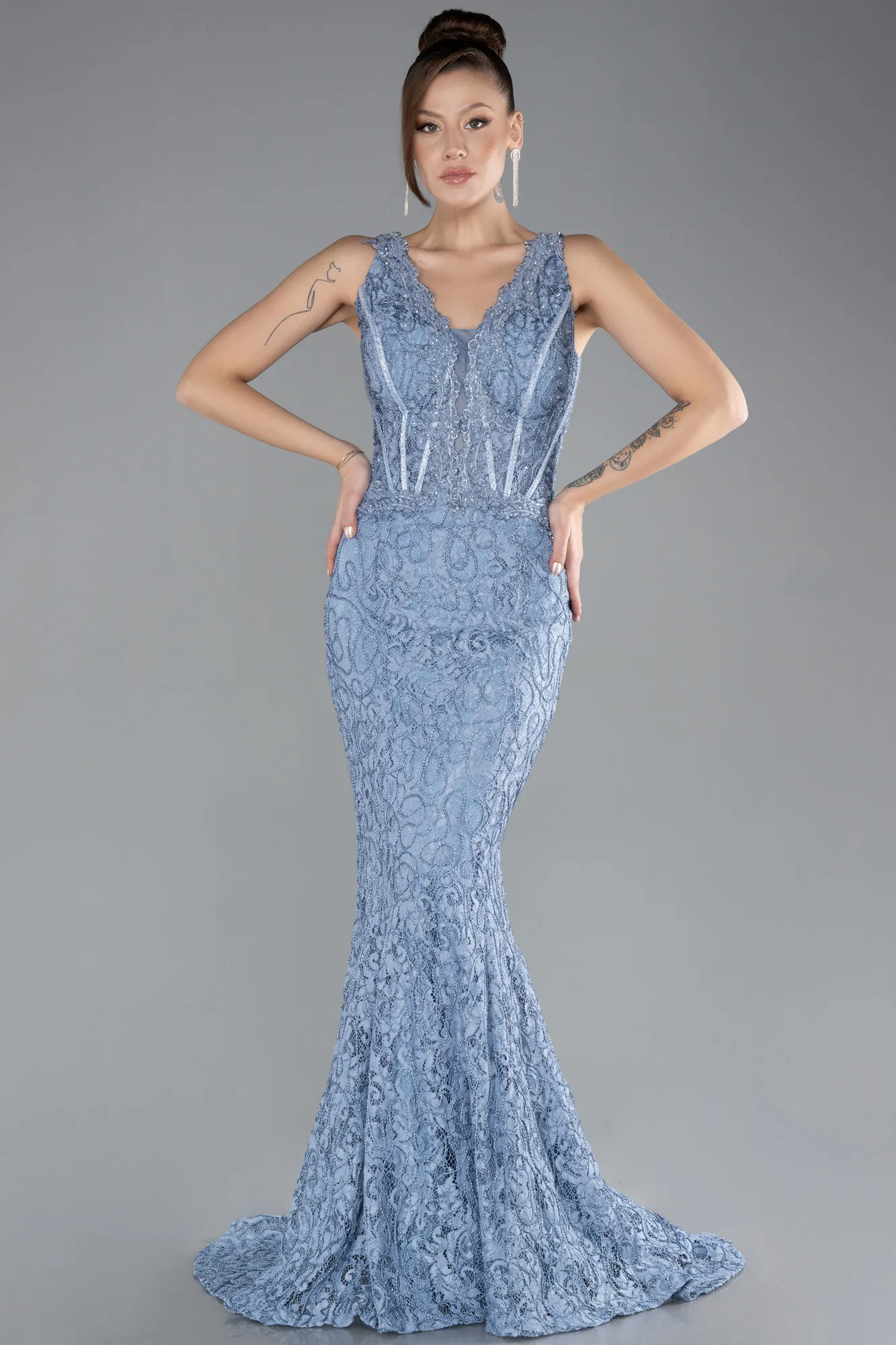 Indigo-Sleeveless Laced Long Mermaid Prom Gown ABU4493