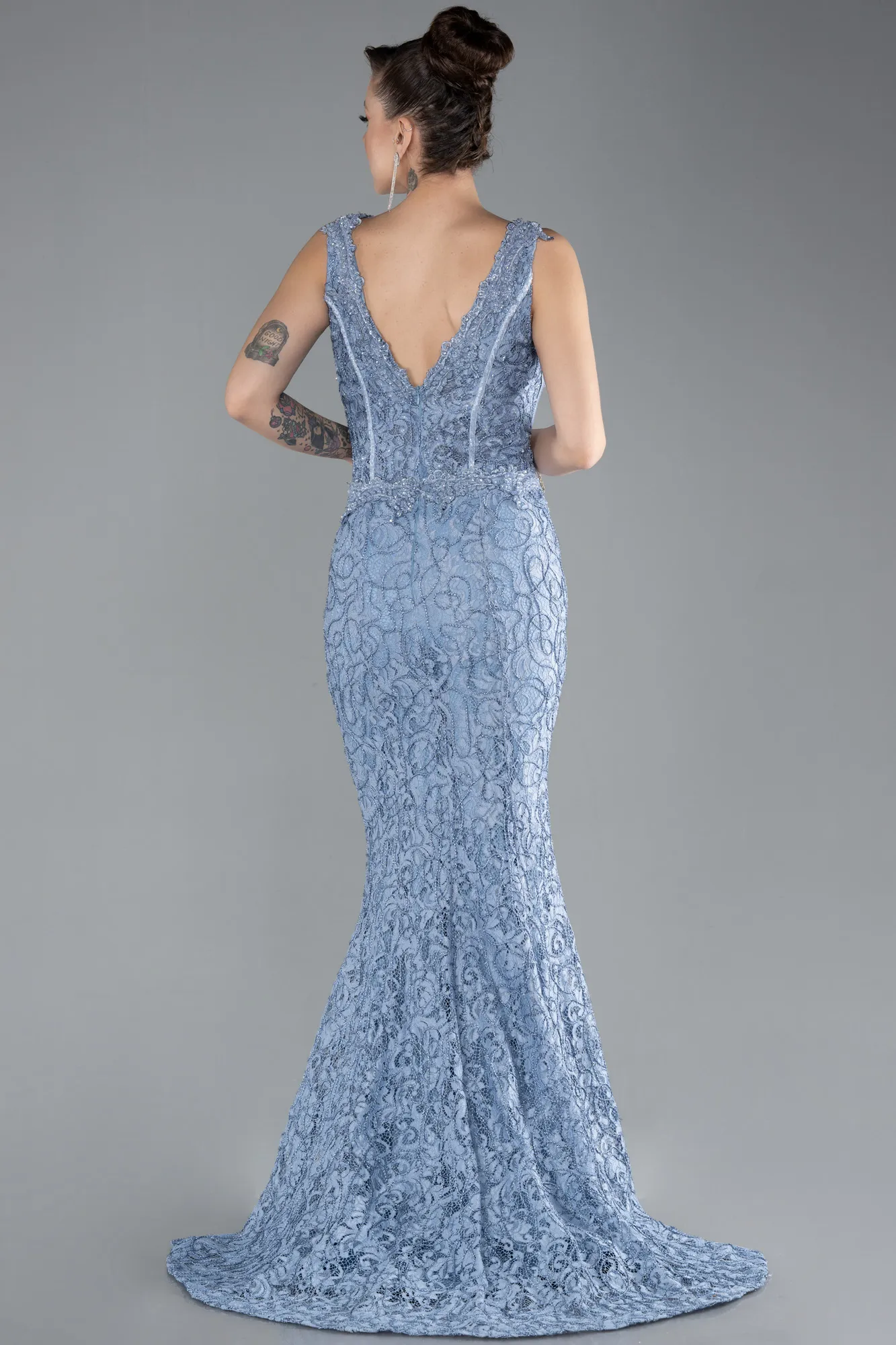 Indigo-Sleeveless Laced Long Mermaid Prom Gown ABU4493