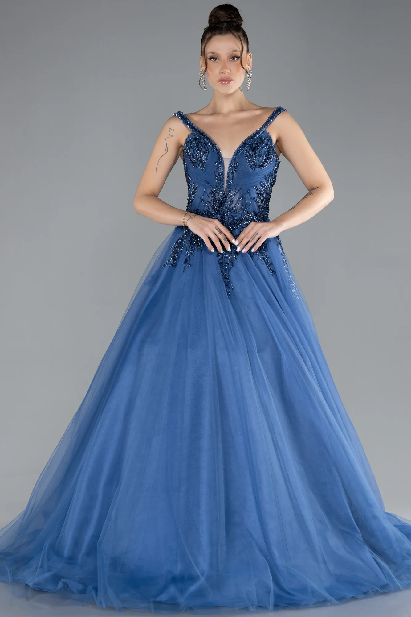 Indigo-Sleeveless Stoned Long Haute Couture Dress ABU4435