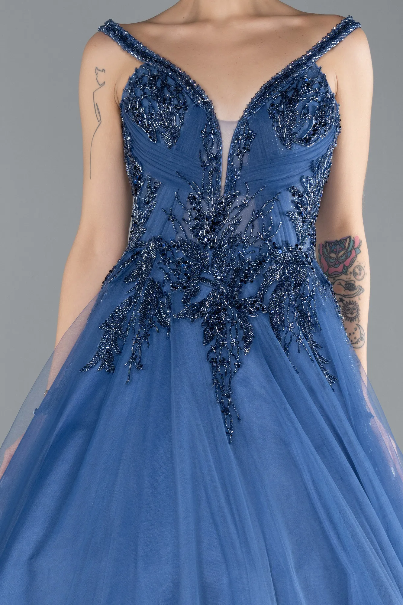 Indigo-Sleeveless Stoned Long Haute Couture Dress ABU4435