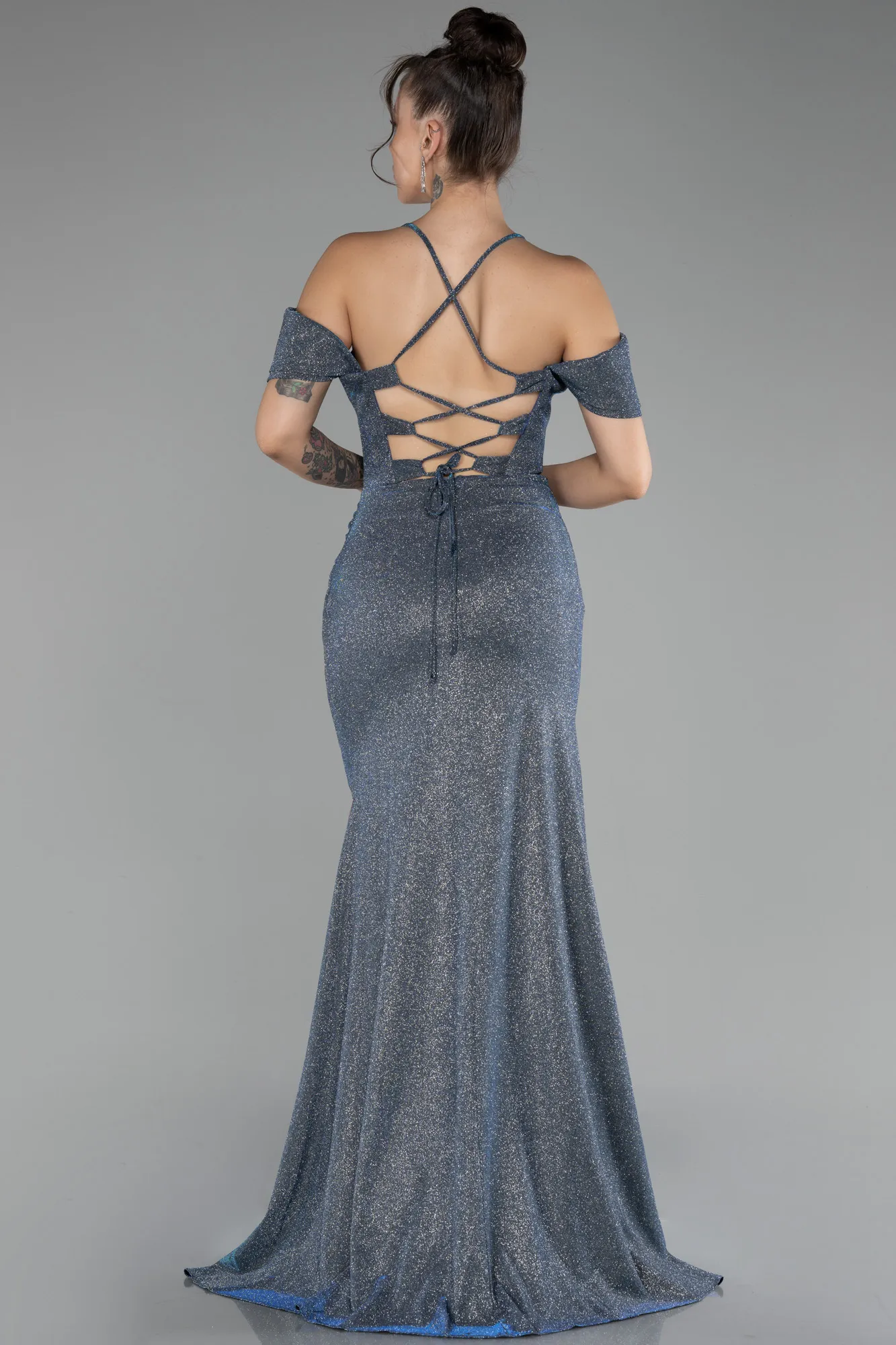 Indigo-Slit Long Glitter Evening Dress ABU4212