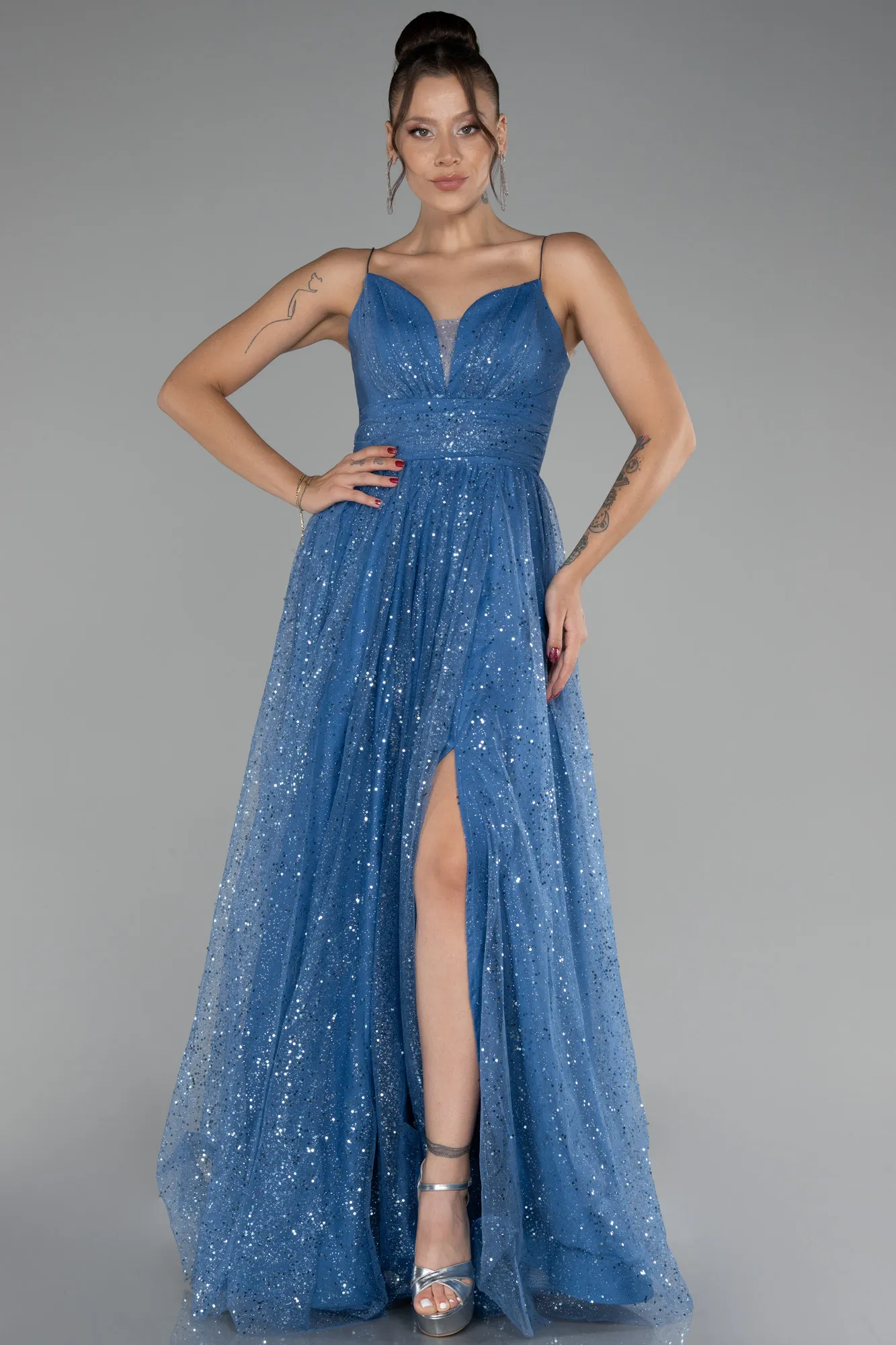 Indigo-Slit Long Glitter Prom Gown ABU4152