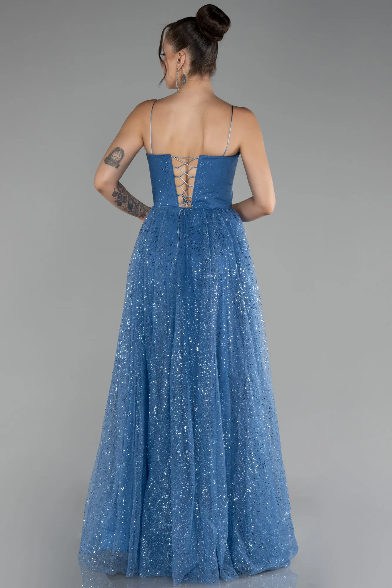 Indigo-Slit Long Glitter Prom Gown ABU4152