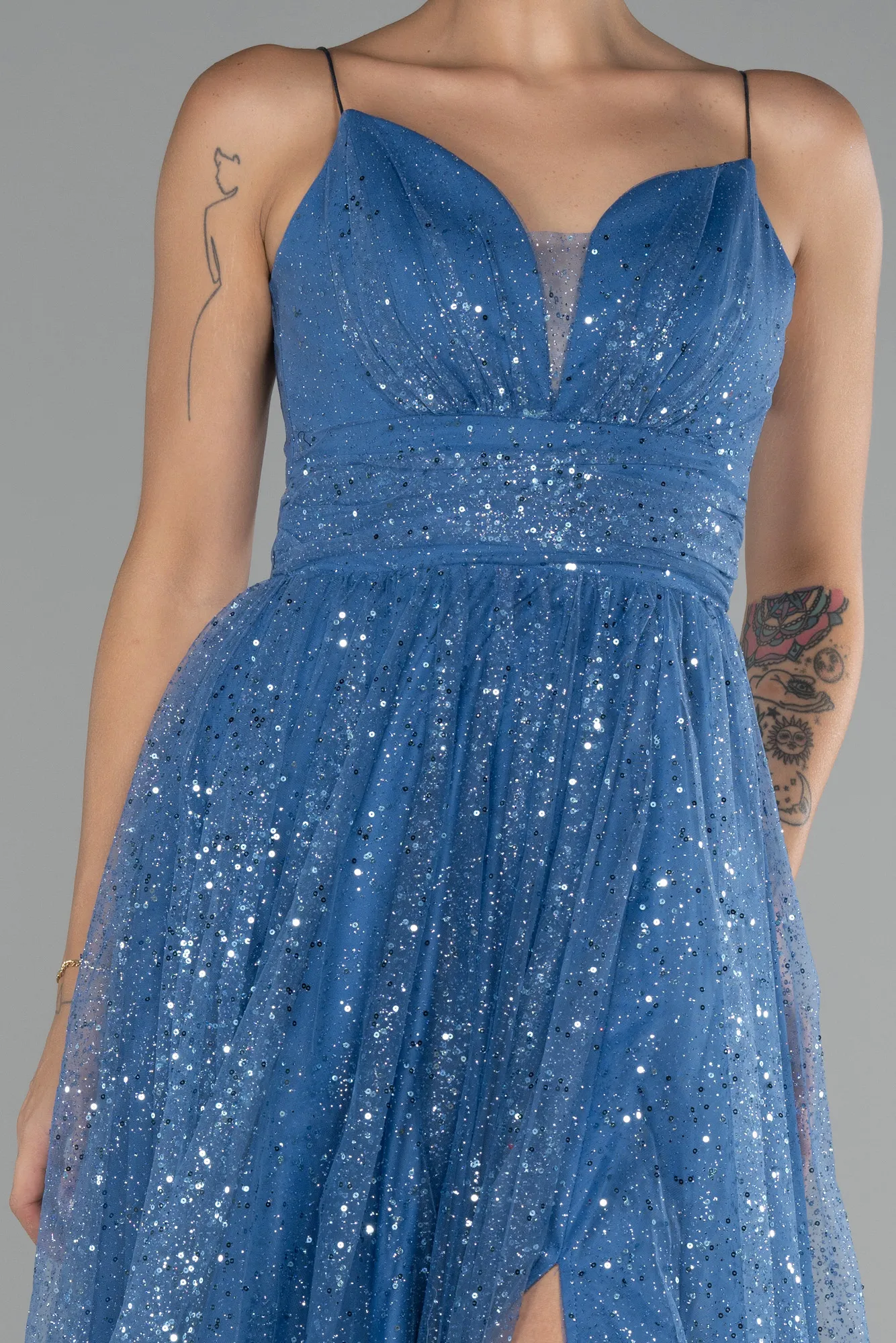 Indigo-Slit Long Glitter Prom Gown ABU4152