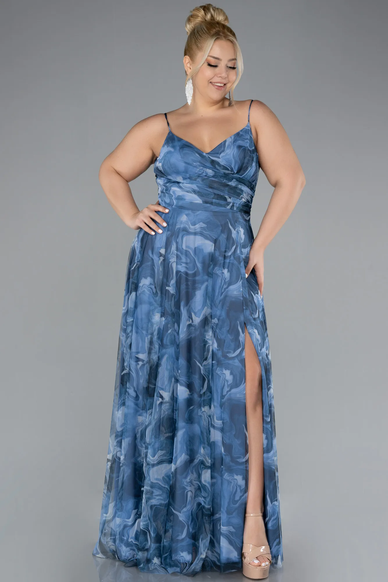 Indigo-Slit Long Patterned Plus Size Prom Dress ABU4355