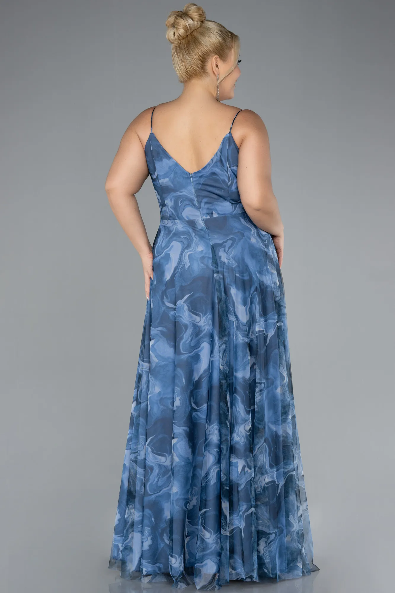 Indigo-Slit Long Patterned Plus Size Prom Dress ABU4355