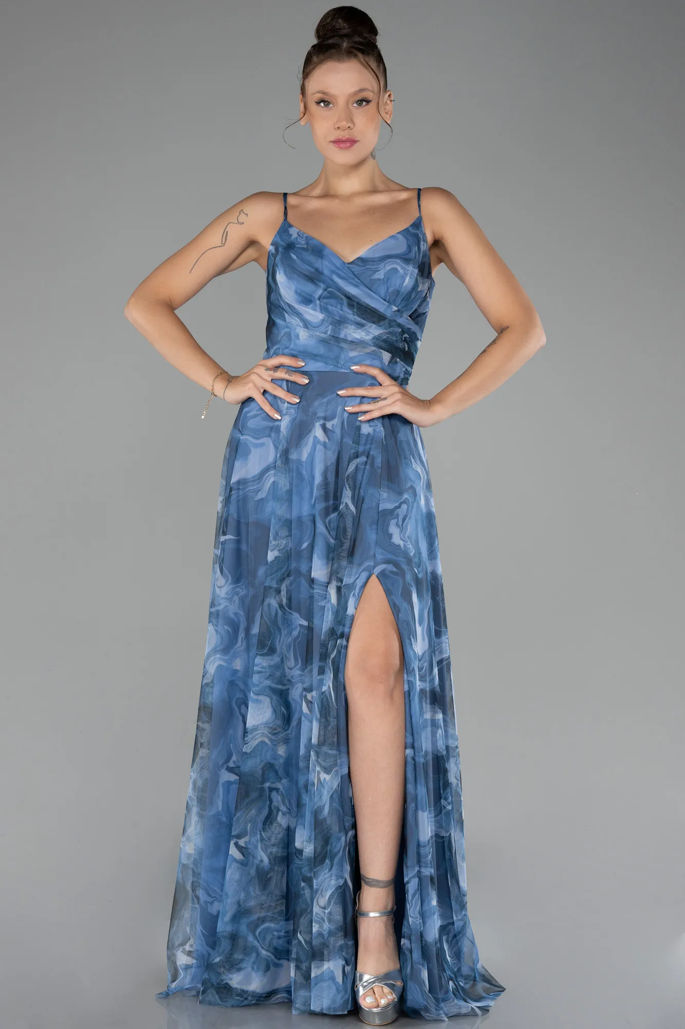 Indigo-Slit Long Printed Prom Dress ABU4359