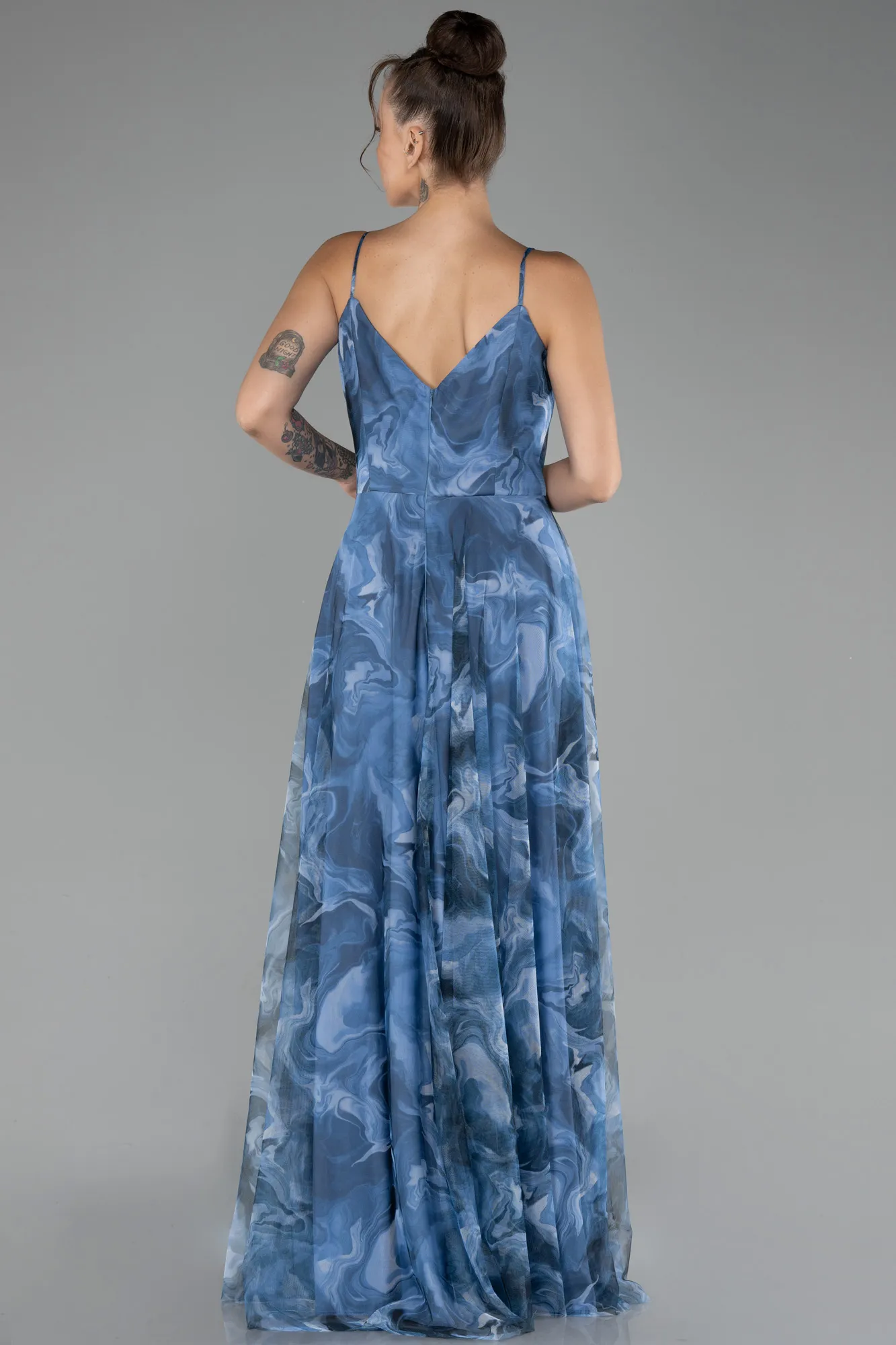 Indigo-Slit Long Printed Prom Dress ABU4359