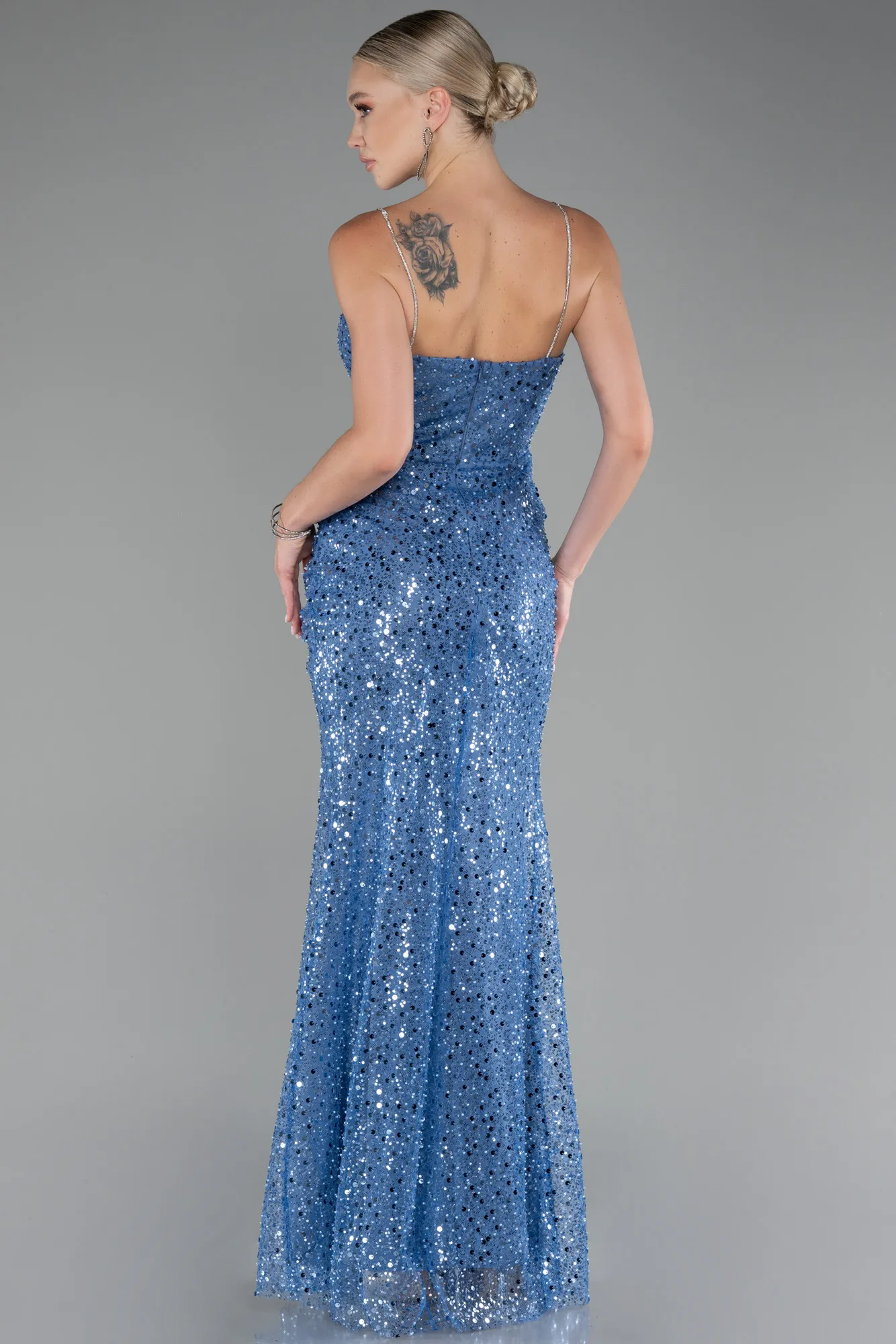 Indigo-Slit Long Scaly Evening Gown ABU4058