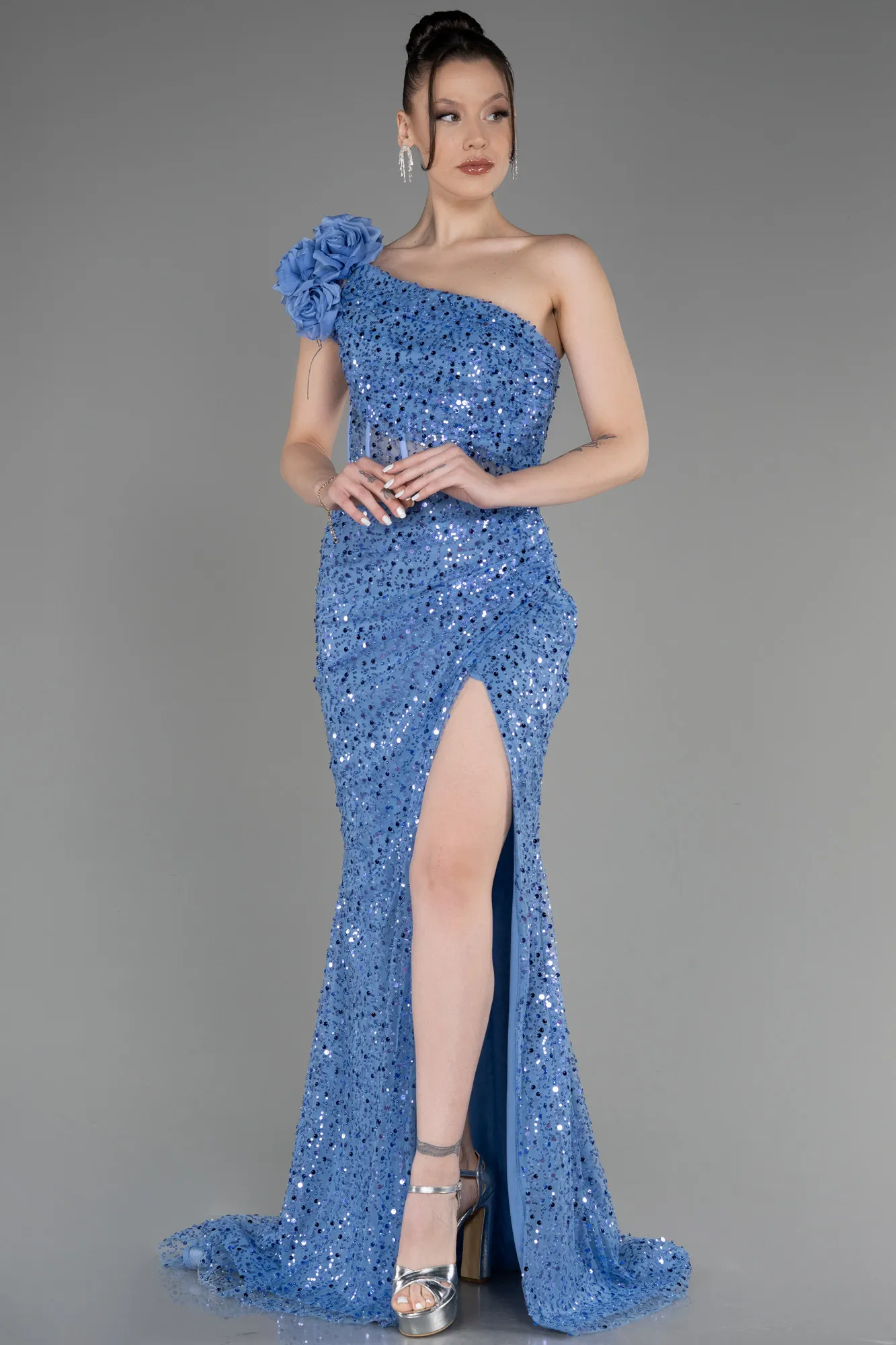 Indigo-Slit Scaly Long Evening Gown ABU3865