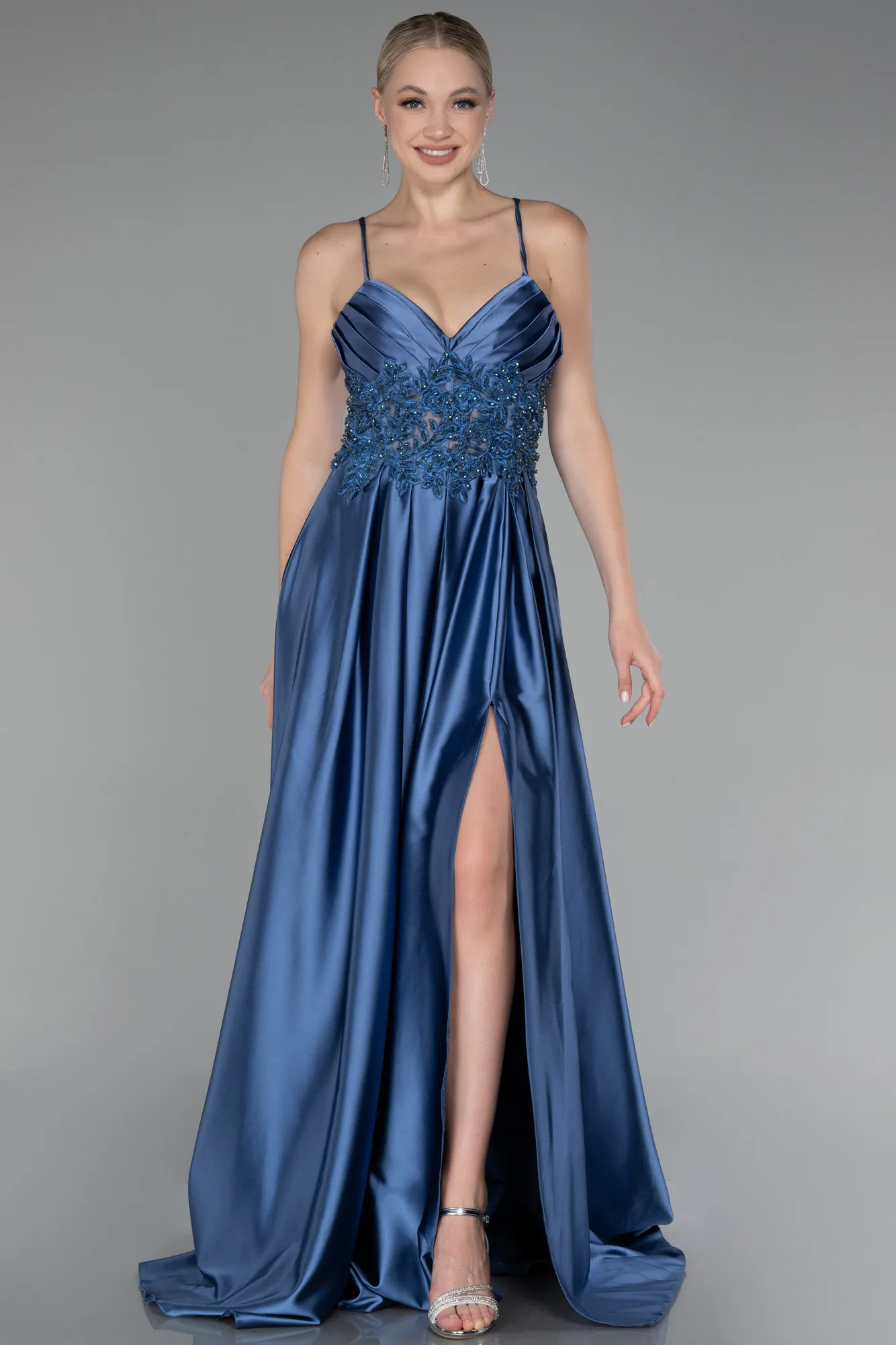 Indigo-Srappy Long Satin Prom Gown ABU4133