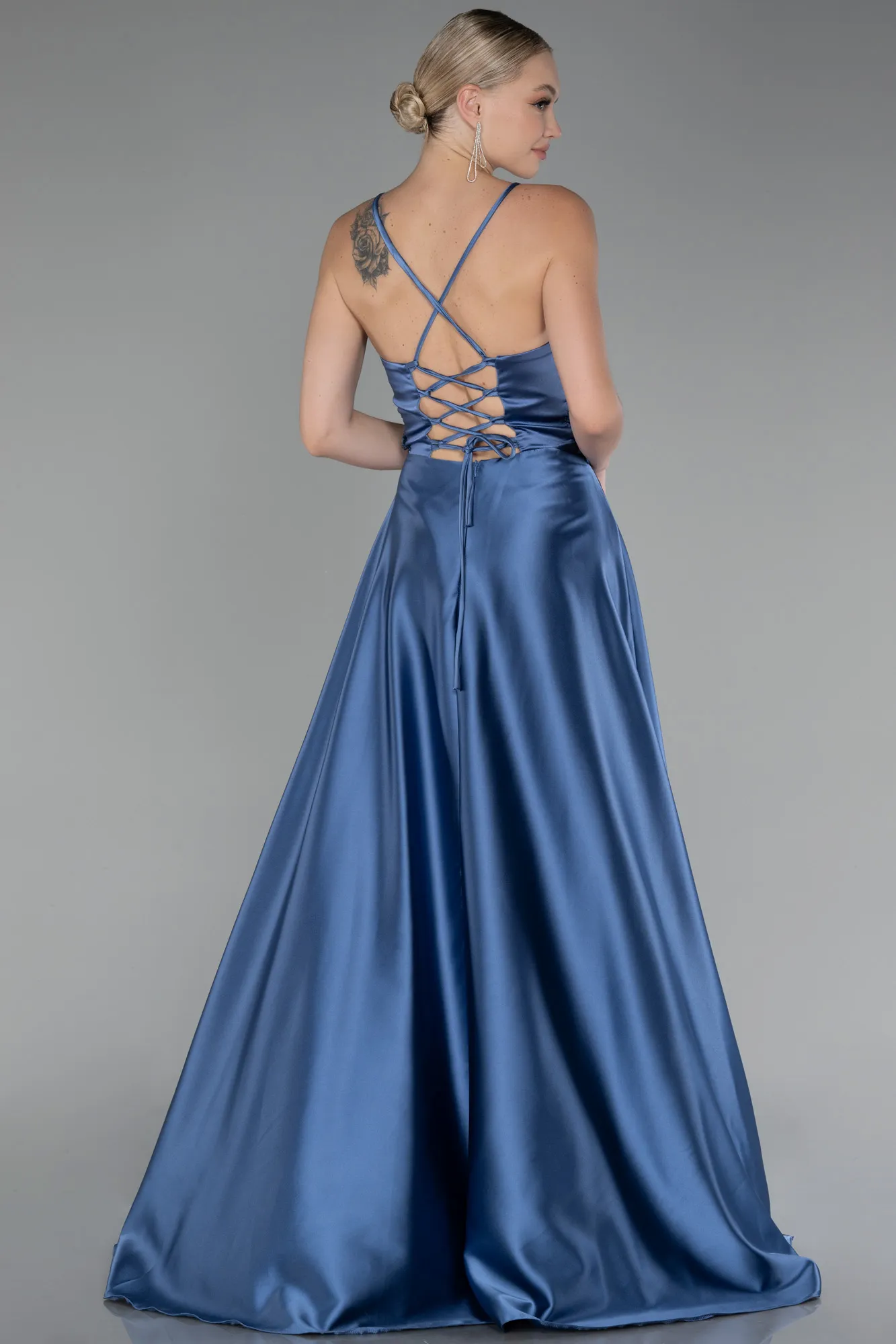 Indigo-Srappy Long Satin Prom Gown ABU4133