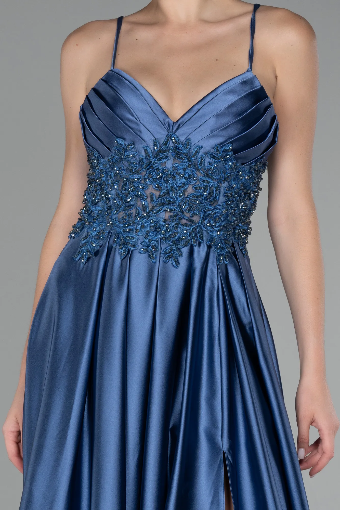 Indigo-Srappy Long Satin Prom Gown ABU4133