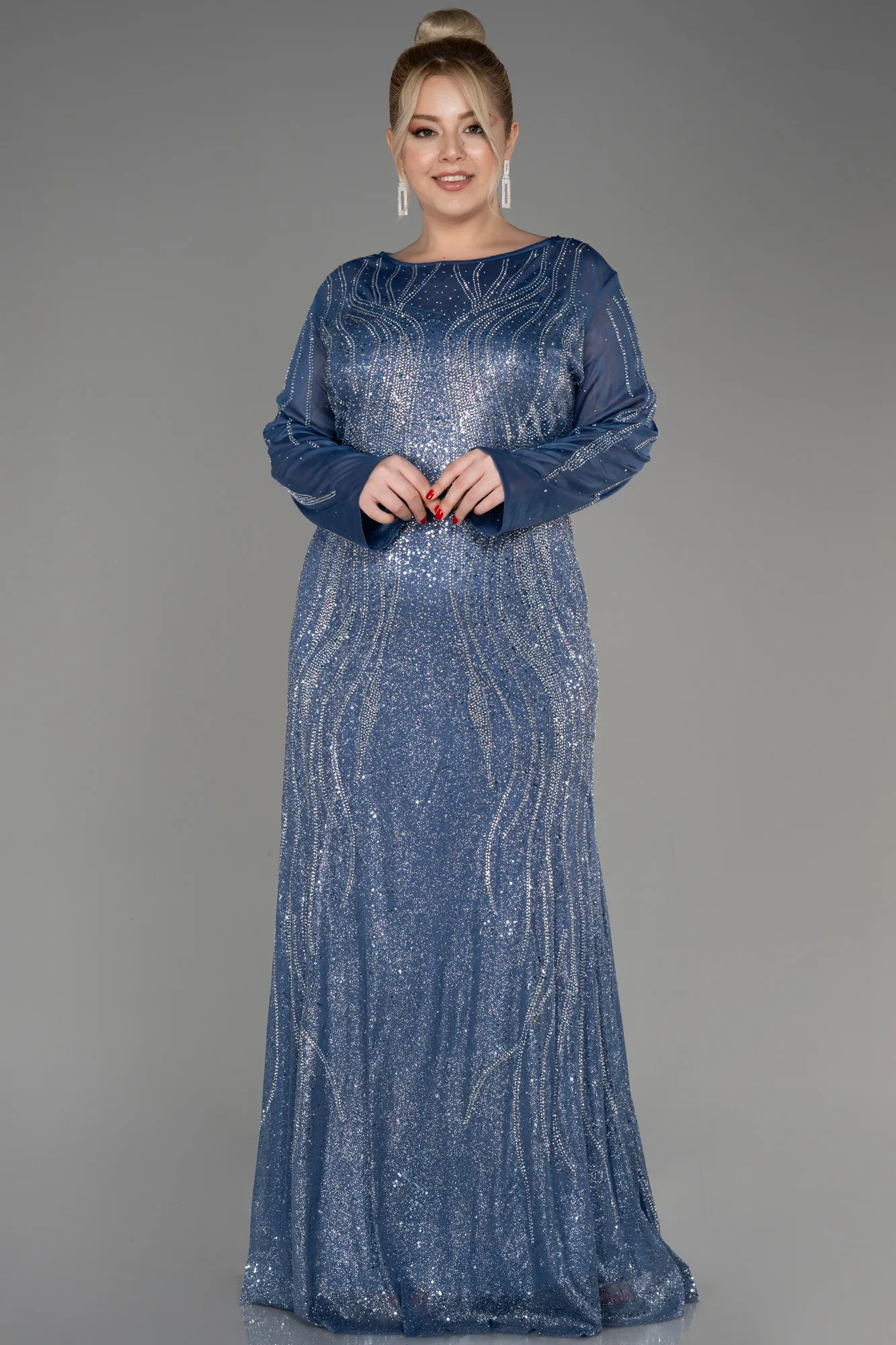 Indigo-Stoned Long Sleeve Plus Size Evenin Gown ABU3927