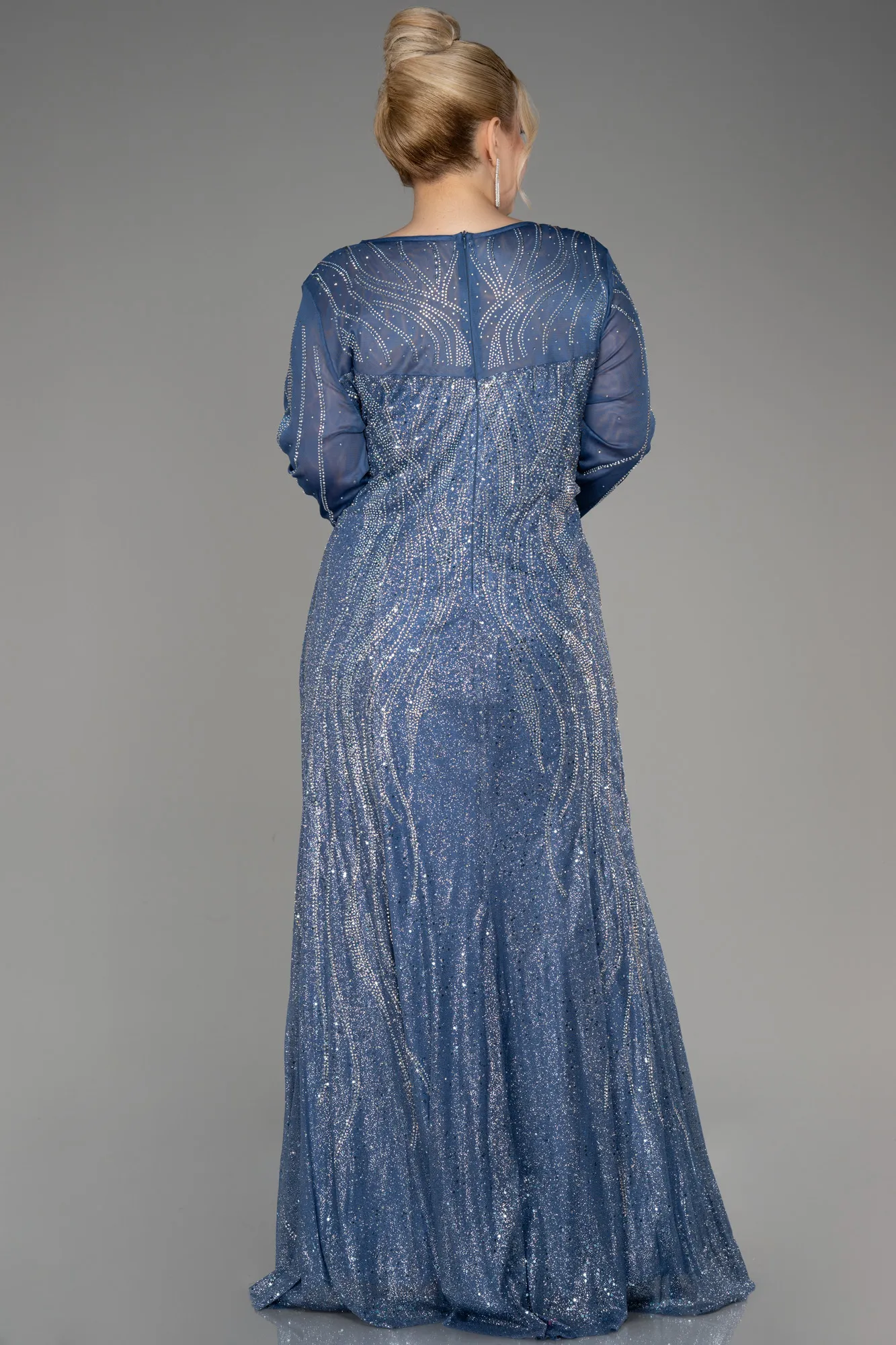 Indigo-Stoned Long Sleeve Plus Size Evenin Gown ABU3927