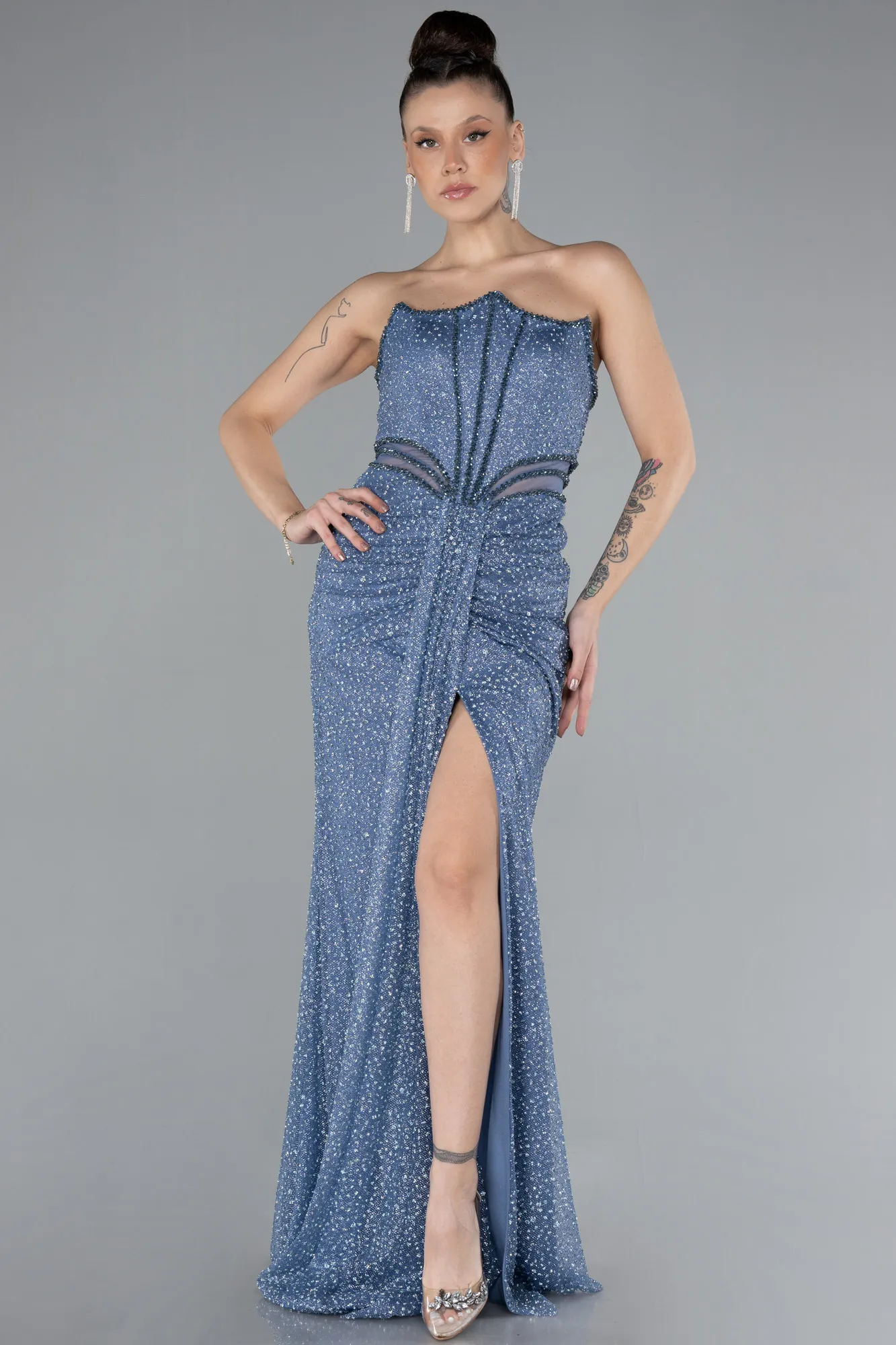 Indigo-Straleless Slit Long Stone Evening Gown ABU4352