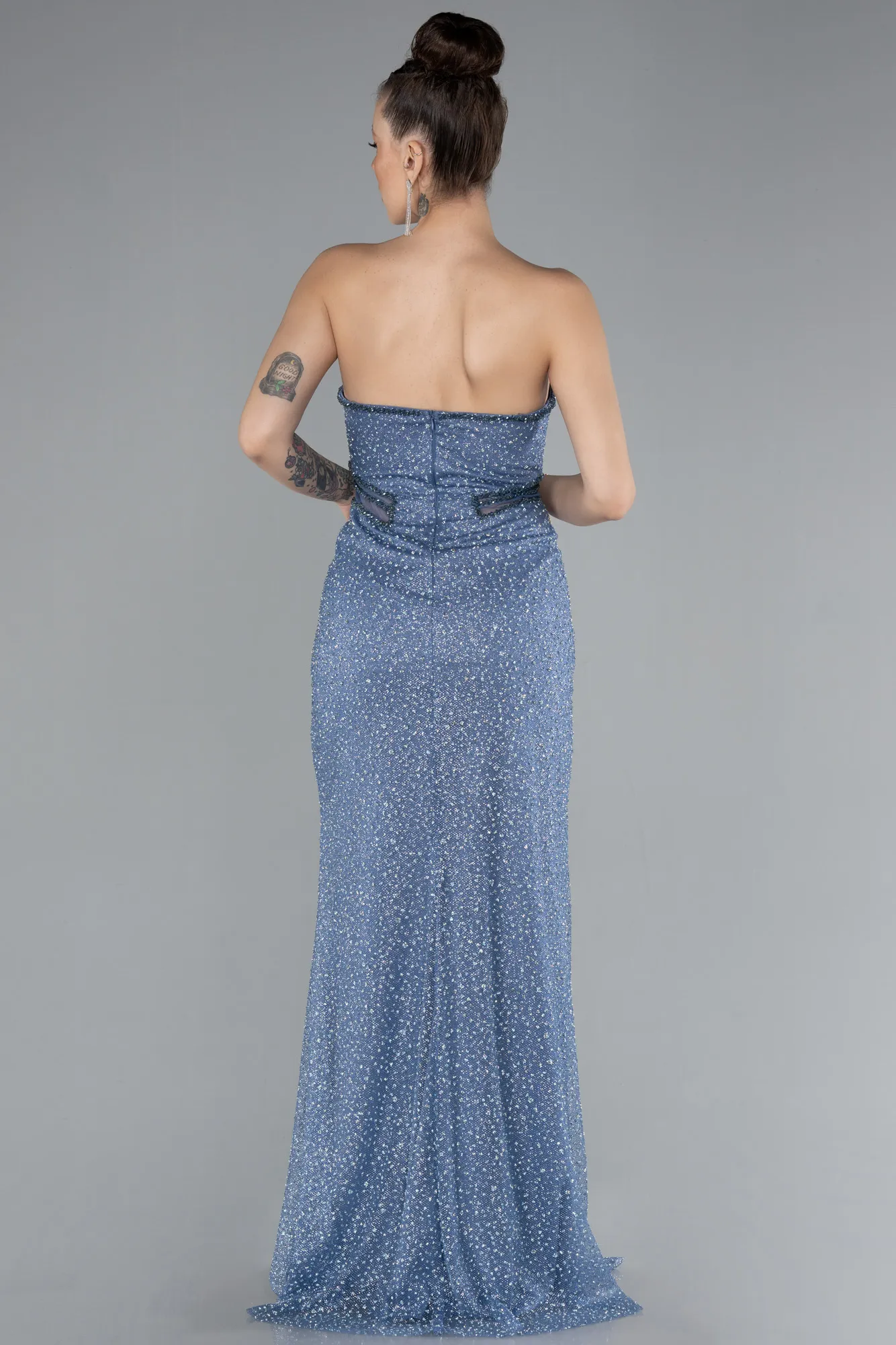 Indigo-Straleless Slit Long Stone Evening Gown ABU4352