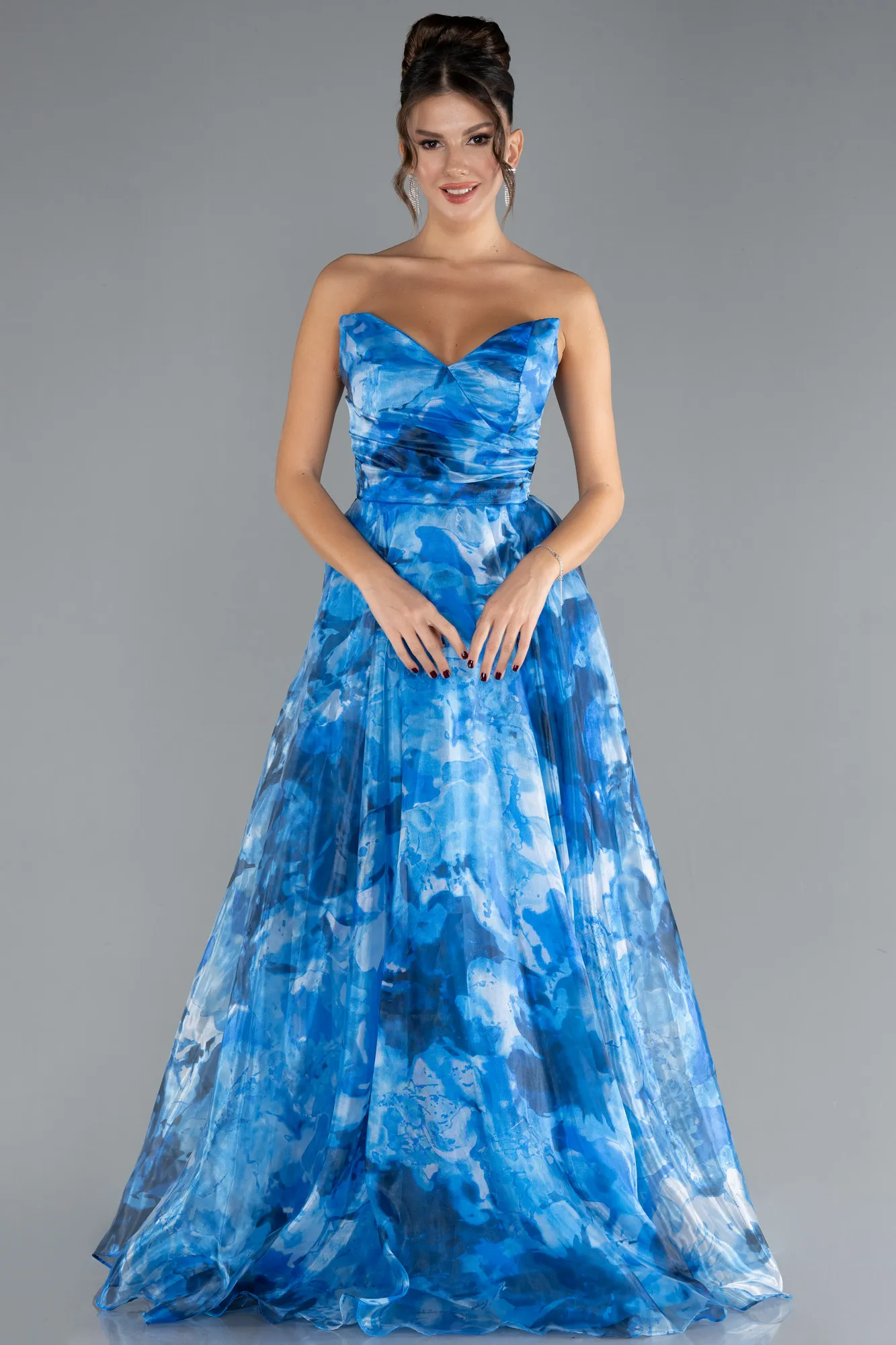 Indigo-Strapless Long Patterned Prom Gown ABU4585