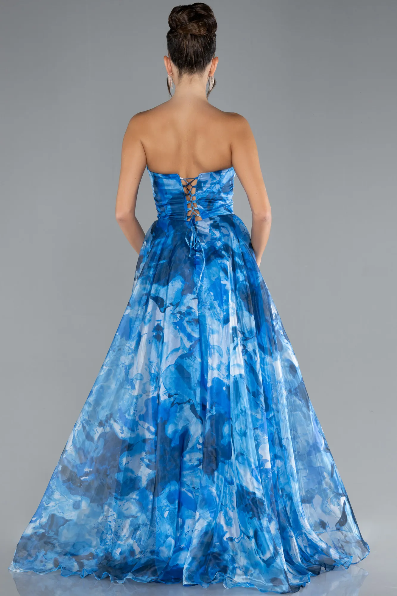 Indigo-Strapless Long Patterned Prom Gown ABU4585