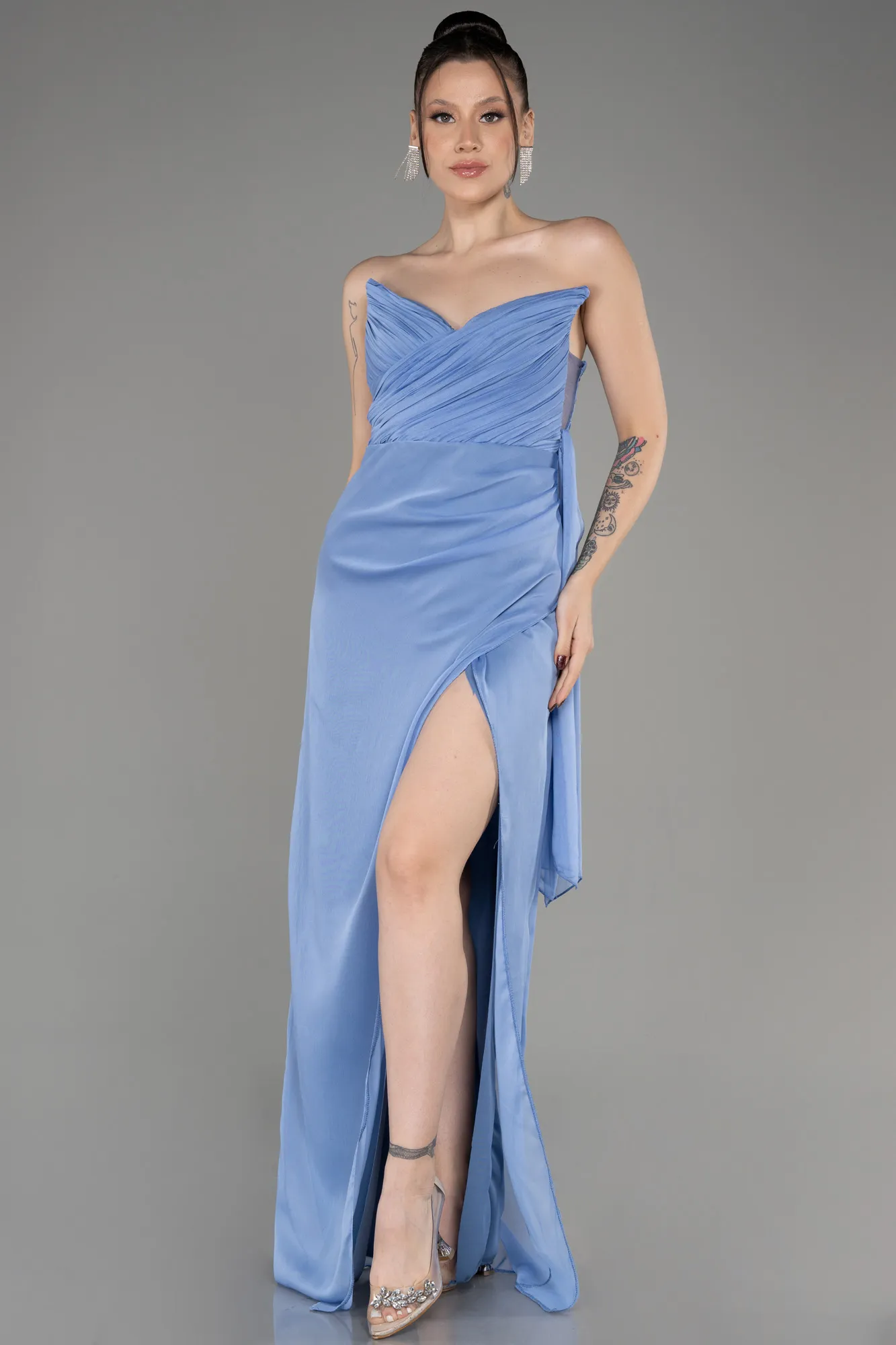 Indigo-Strapless Slit Long Chiffon Evening Dress ABU3947