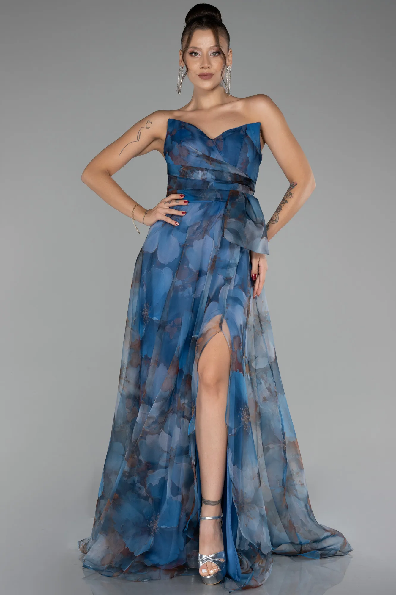 Indigo-Strapless Slit Long Chiffon Patterned Prom Dress ABU4151