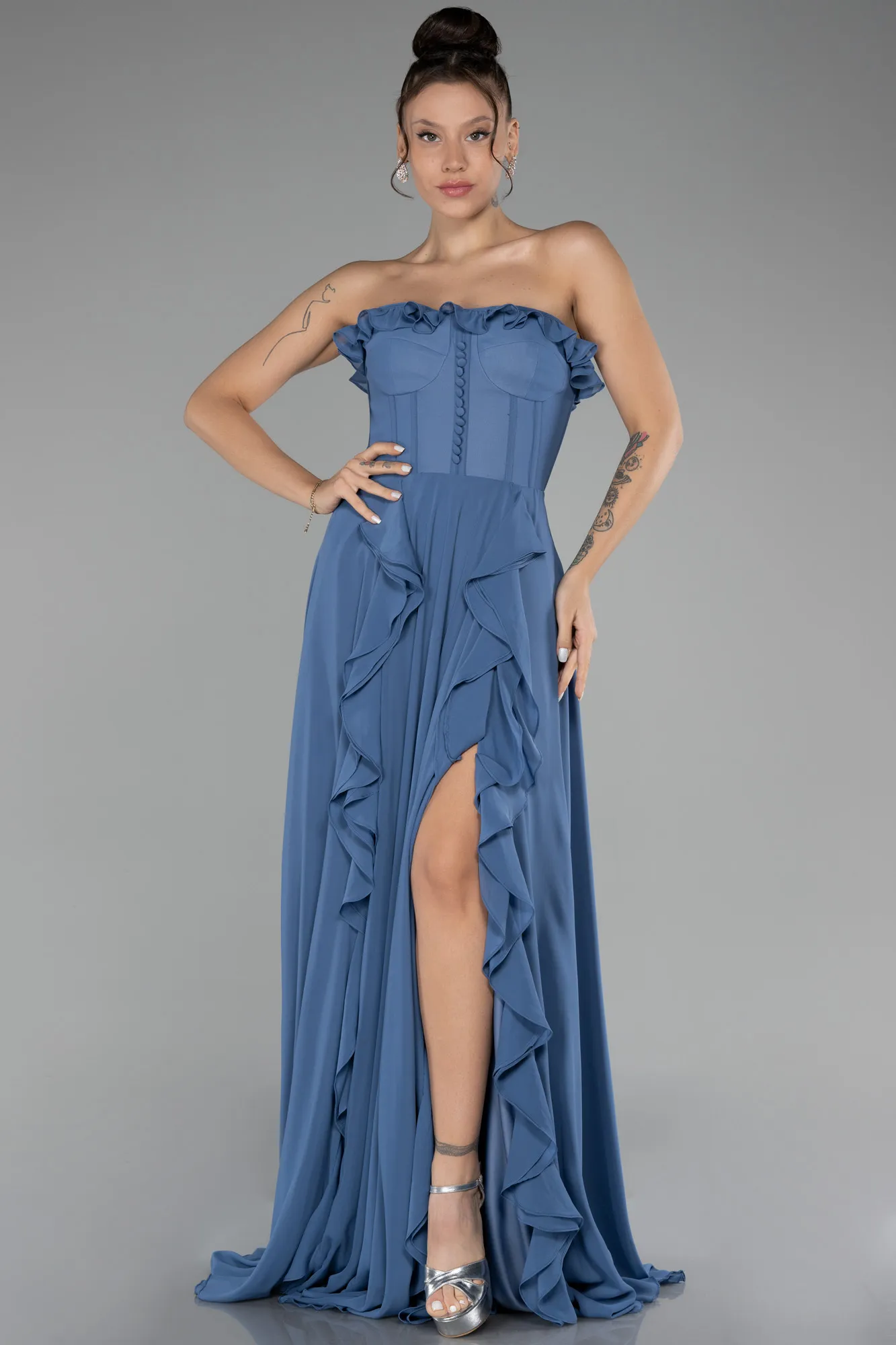 Indigo-Strapless Slit Long Chiffon Prom Dress ABU4214